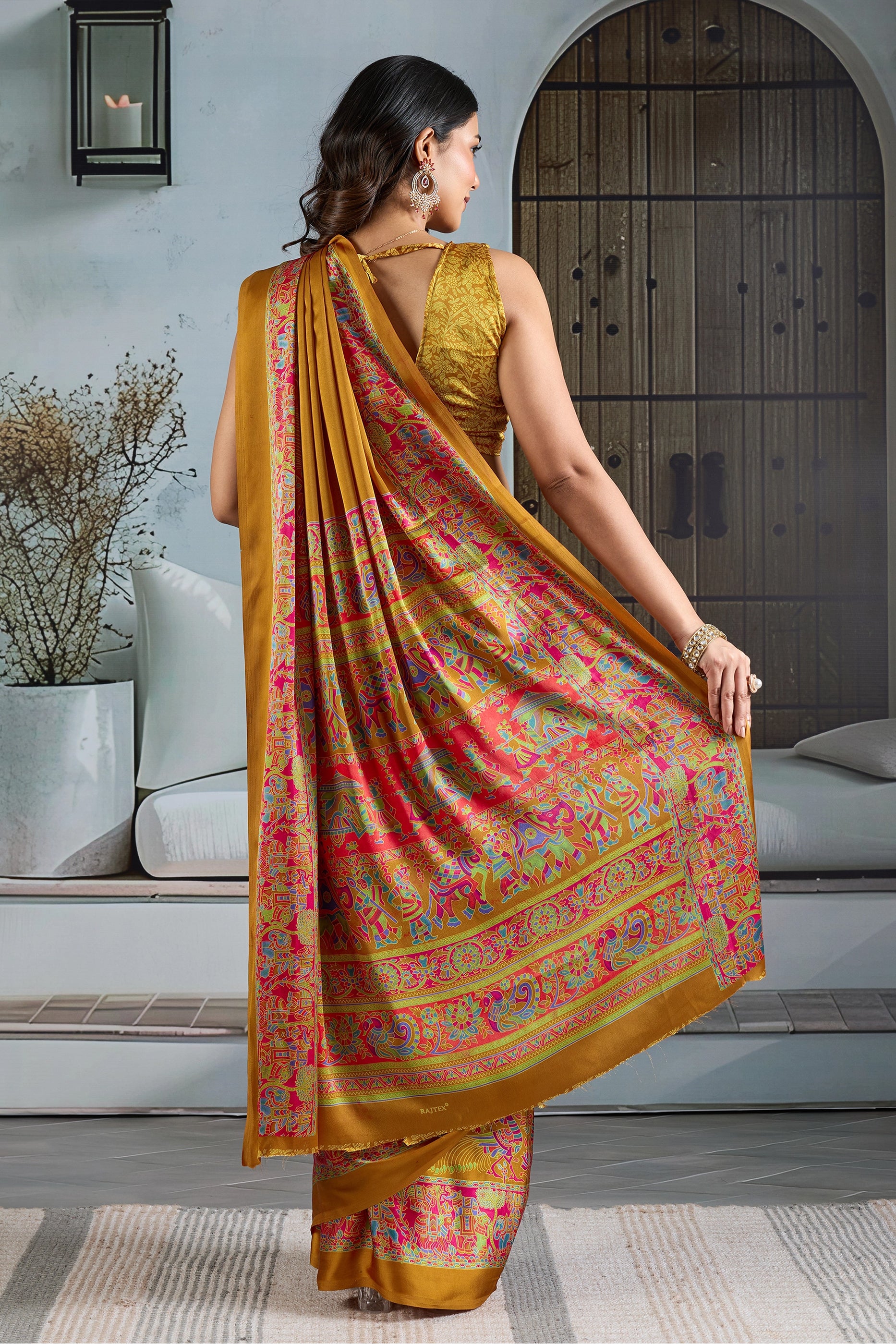 Mustard Yellow Ajrakh Print Satin Saree-SAR11828_4_SareeButa.com