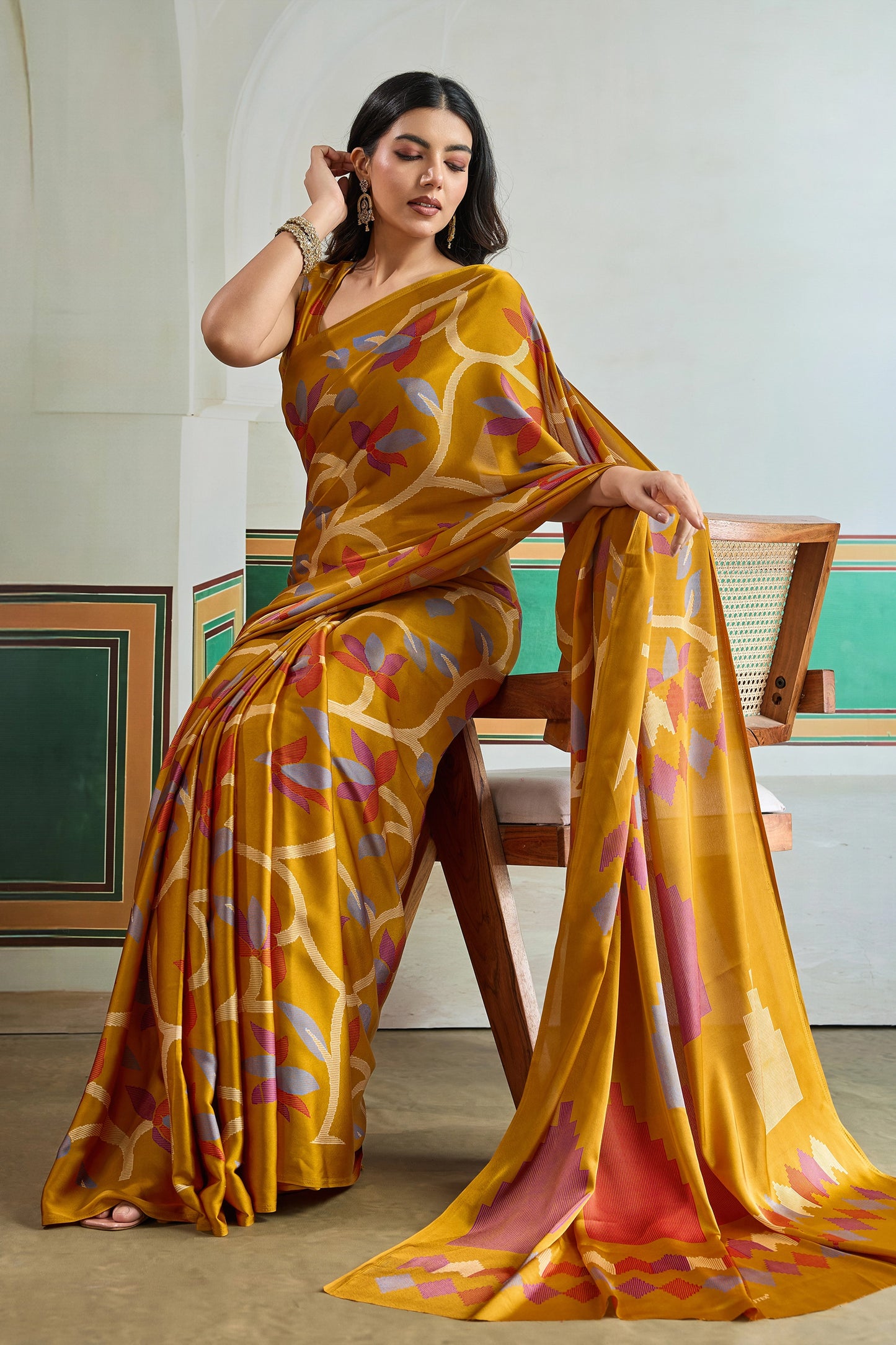 Mustard Yellow Ajrakh Print Satin Saree-SAR11836_3_SareeButa.com