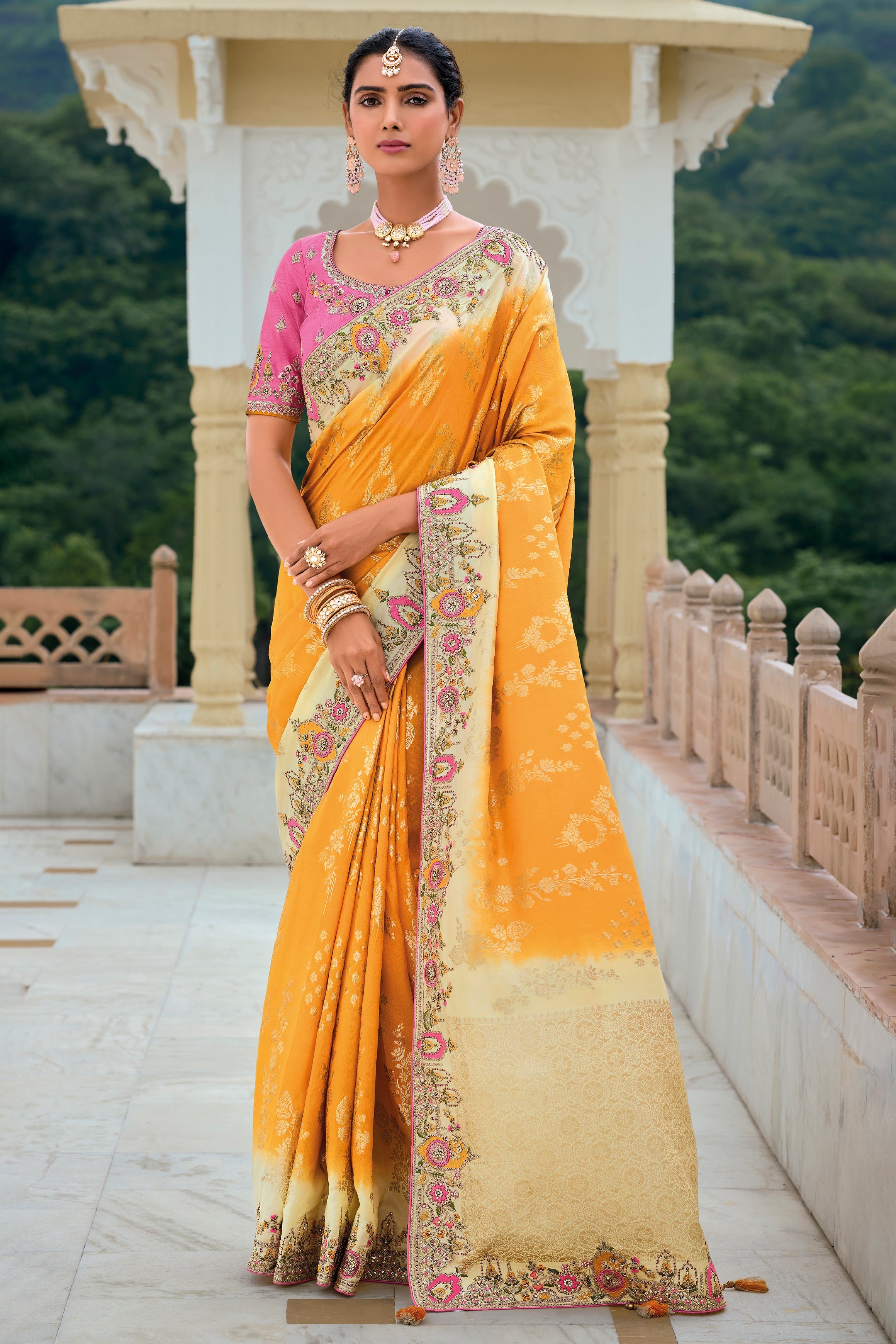 Buy Yellow Embroidery Banarasi Silk Saree zb133337 | Saree Buta