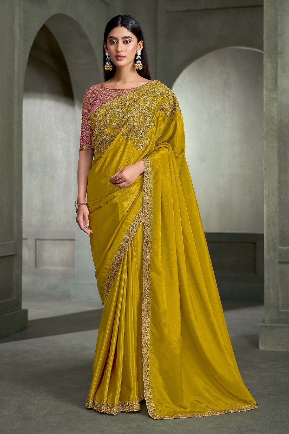 Mustard Yellow Embroidered Crepe Silk Saree-SAR13277_1_SareeButa.com
