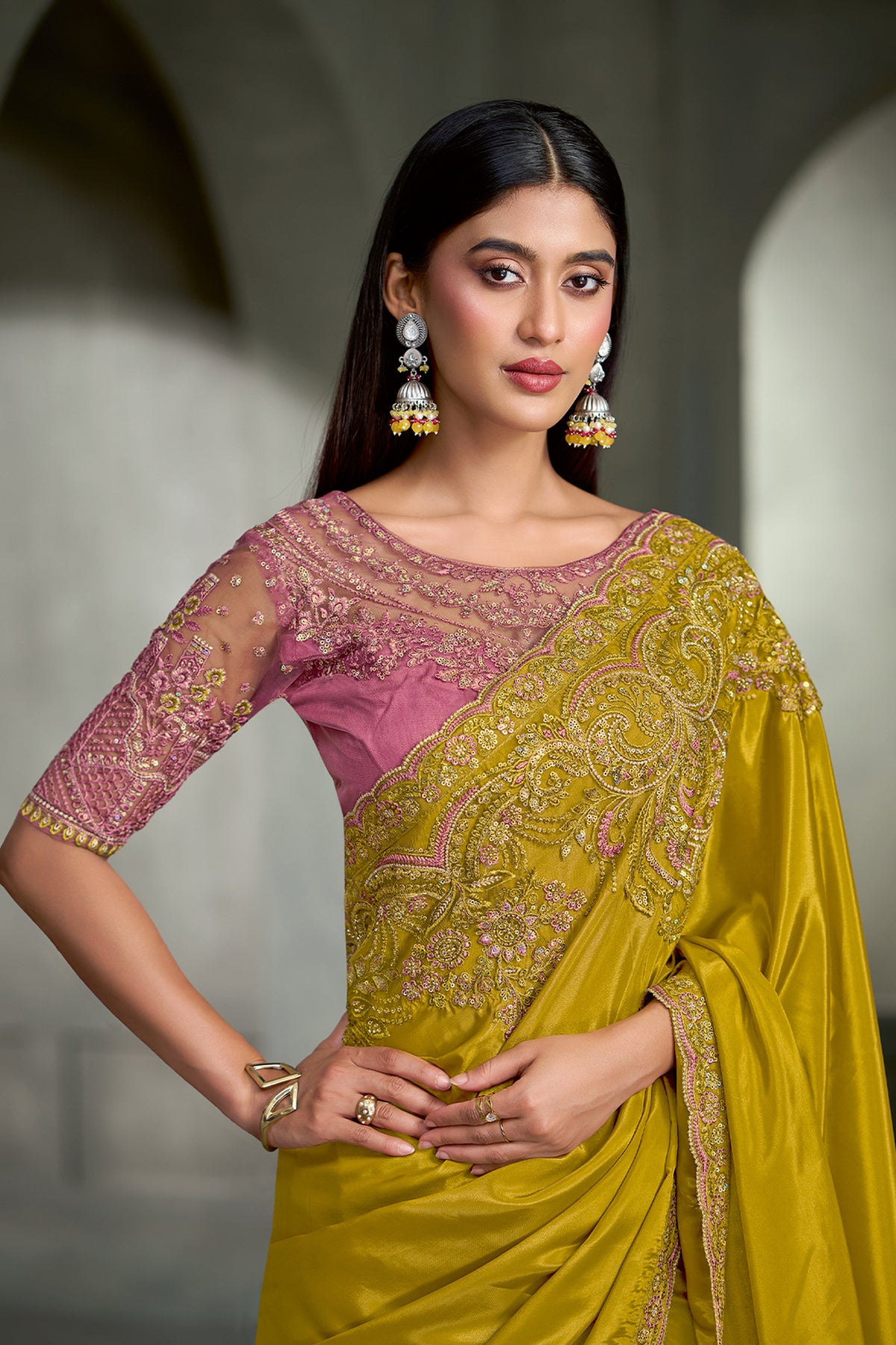 Mustard Yellow Embroidered Crepe Silk Saree-SAR13277_2_SareeButa.com