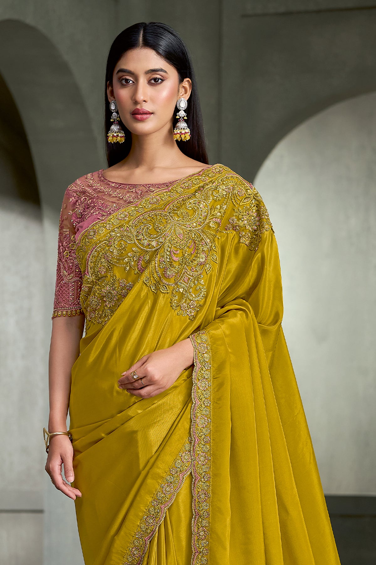 Mustard Yellow Embroidered Crepe Silk Saree-SAR13277_4_SareeButa.com