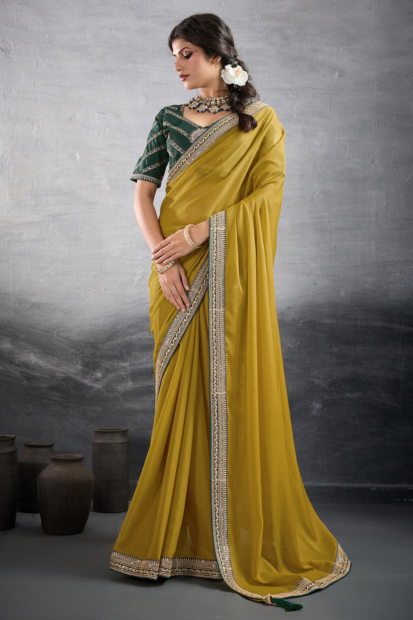 Mustard Yellow Embroidered Georgette Saree-SAR10602_1_SareeButa.com
