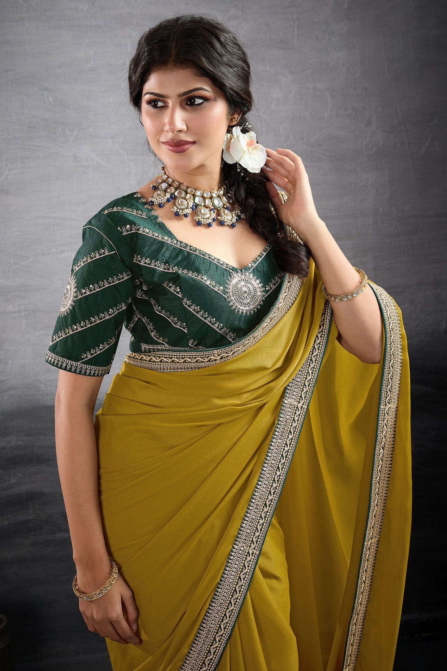 Mustard Yellow Embroidered Georgette Saree-SAR10602_2_SareeButa.com