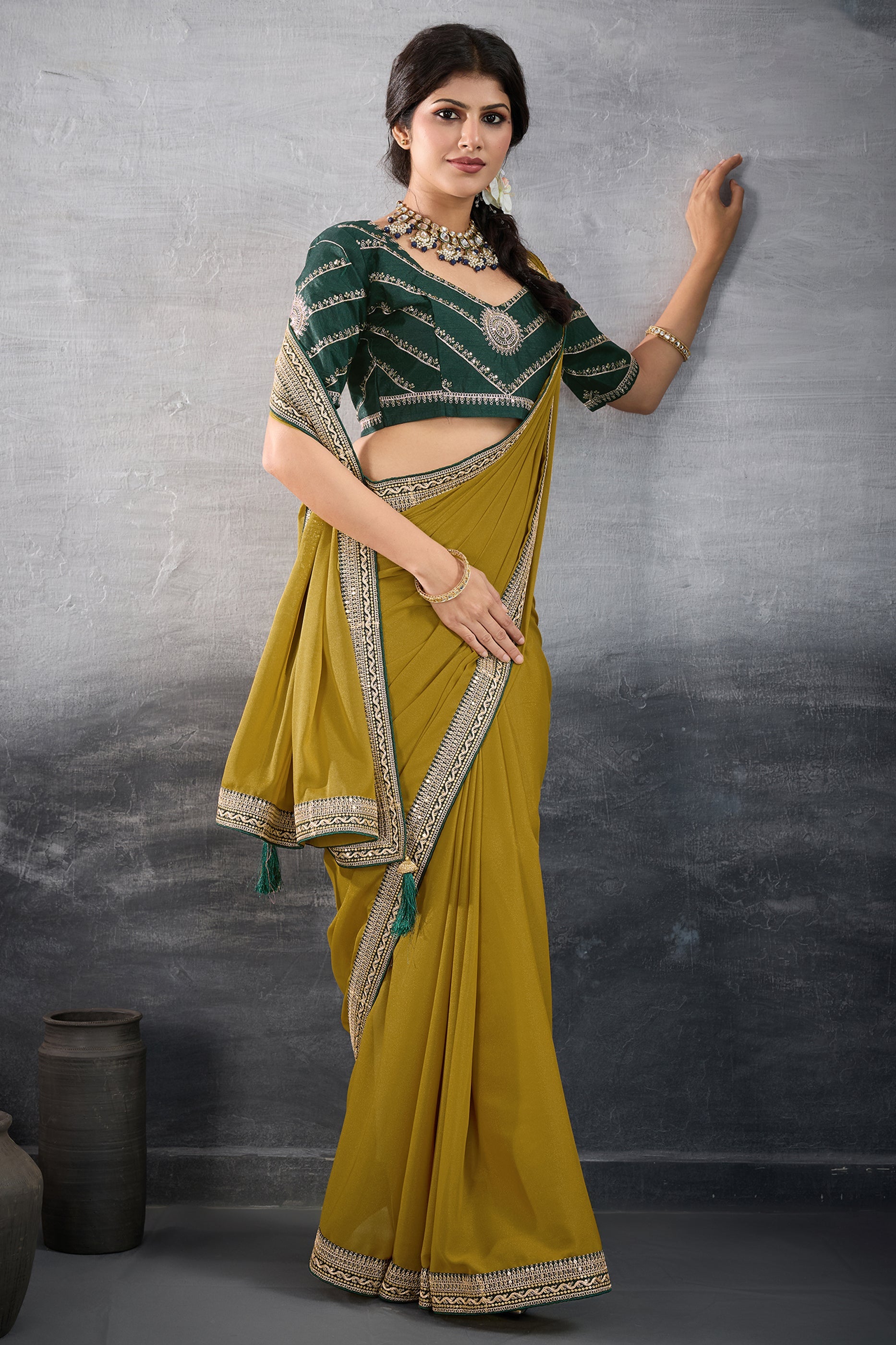 Mustard Yellow Embroidered Georgette Saree-SAR10602_3_SareeButa.com