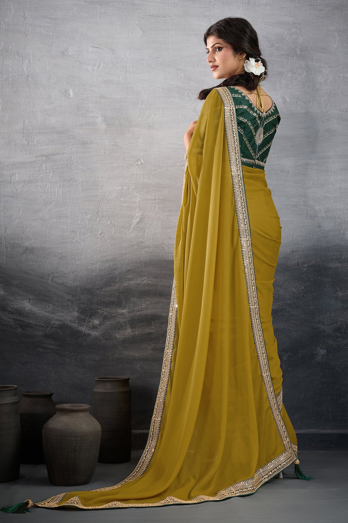 Mustard Yellow Embroidered Georgette Saree-SAR10602_5_SareeButa.com