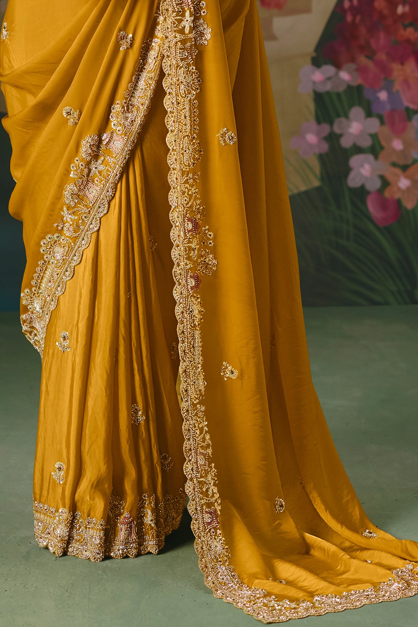 Mustard Yellow Embroidered Organza Saree