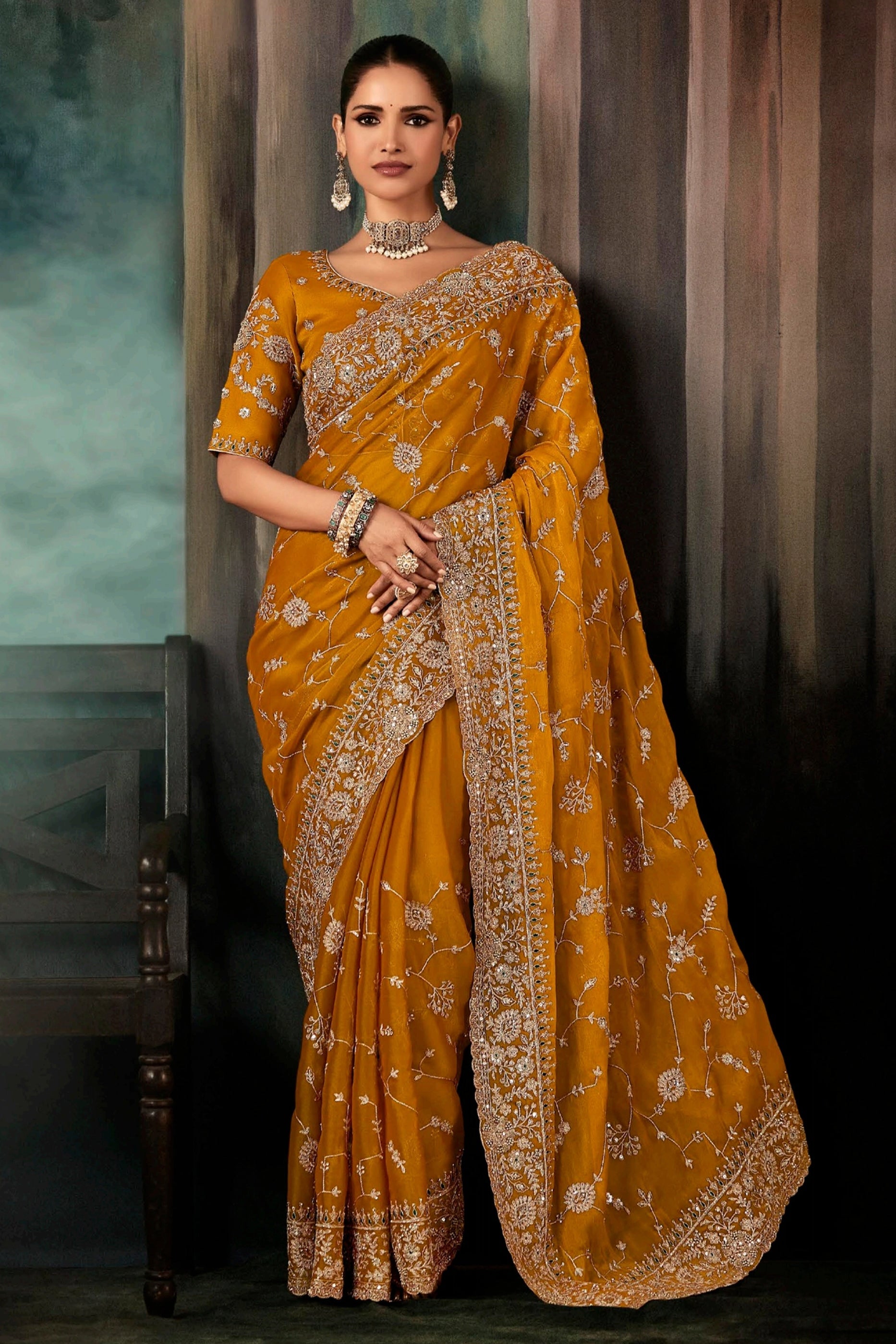 Mustard Yellow Embroidered Organza Silk Saree-SAR11127_1_SareeButa.com