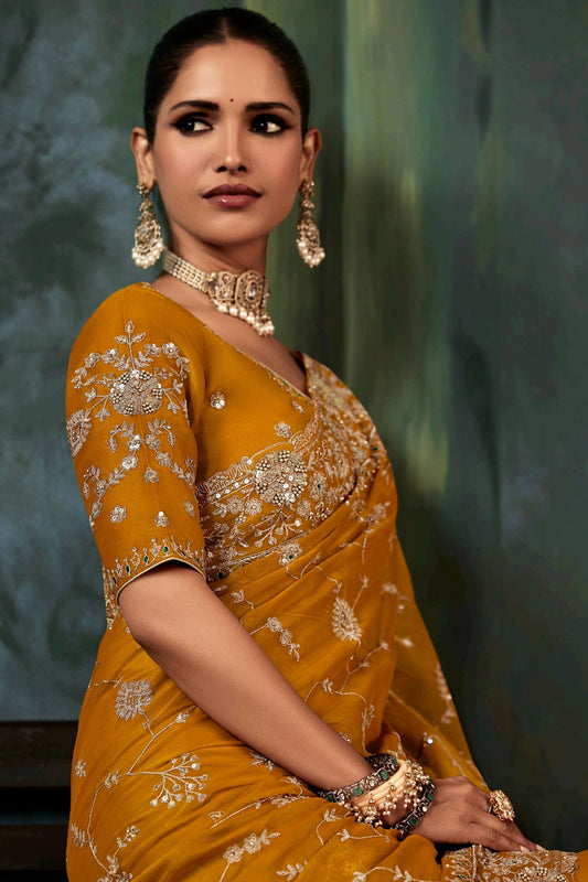 Mustard Yellow Embroidered Organza Silk Saree-SAR11127_2_SareeButa.com