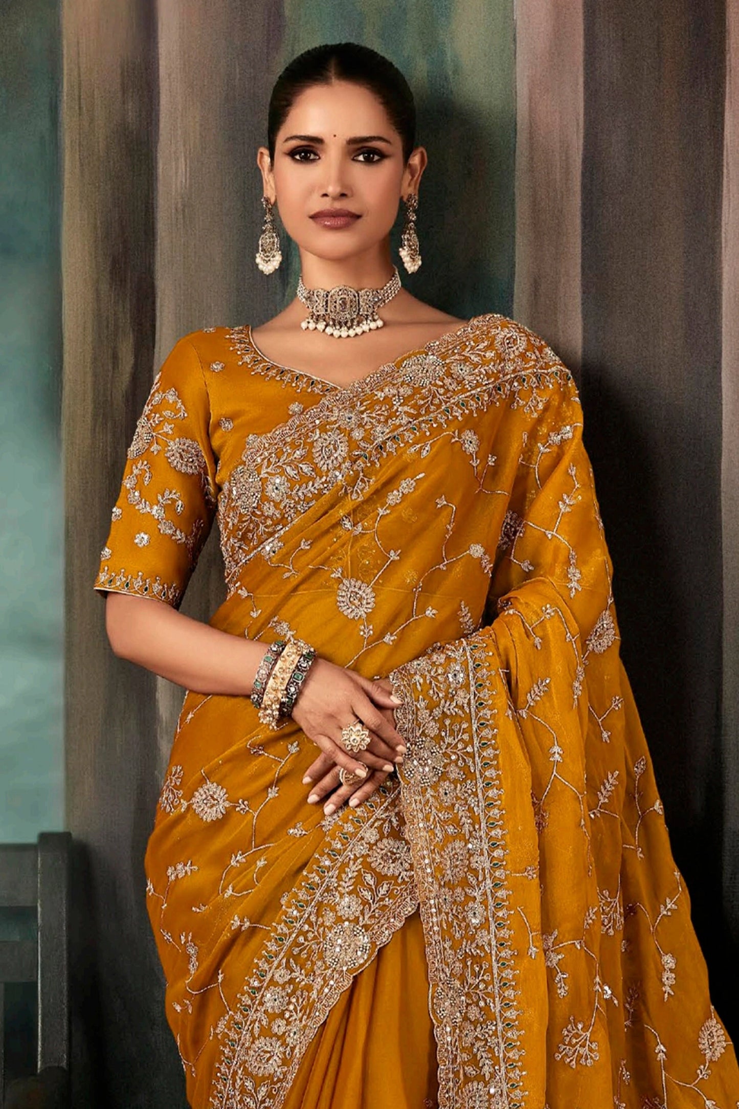 Mustard Yellow Embroidered Organza Silk Saree-SAR11127_3_SareeButa.com
