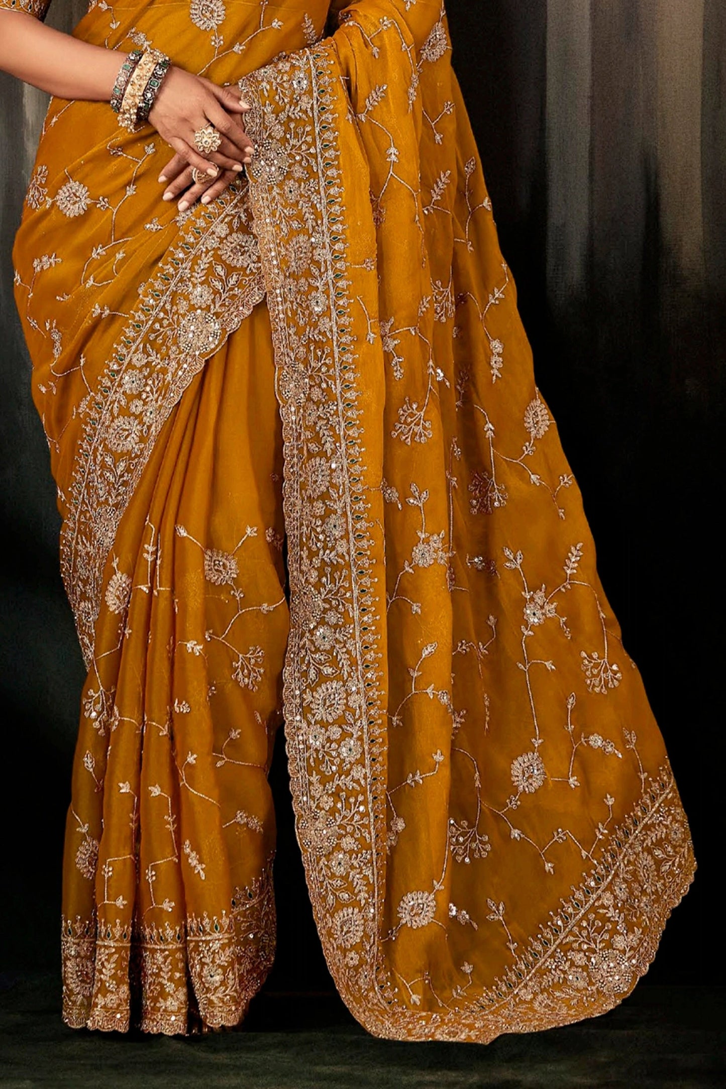 Mustard Yellow Embroidered Organza Silk Saree-SAR11127_5_SareeButa.com