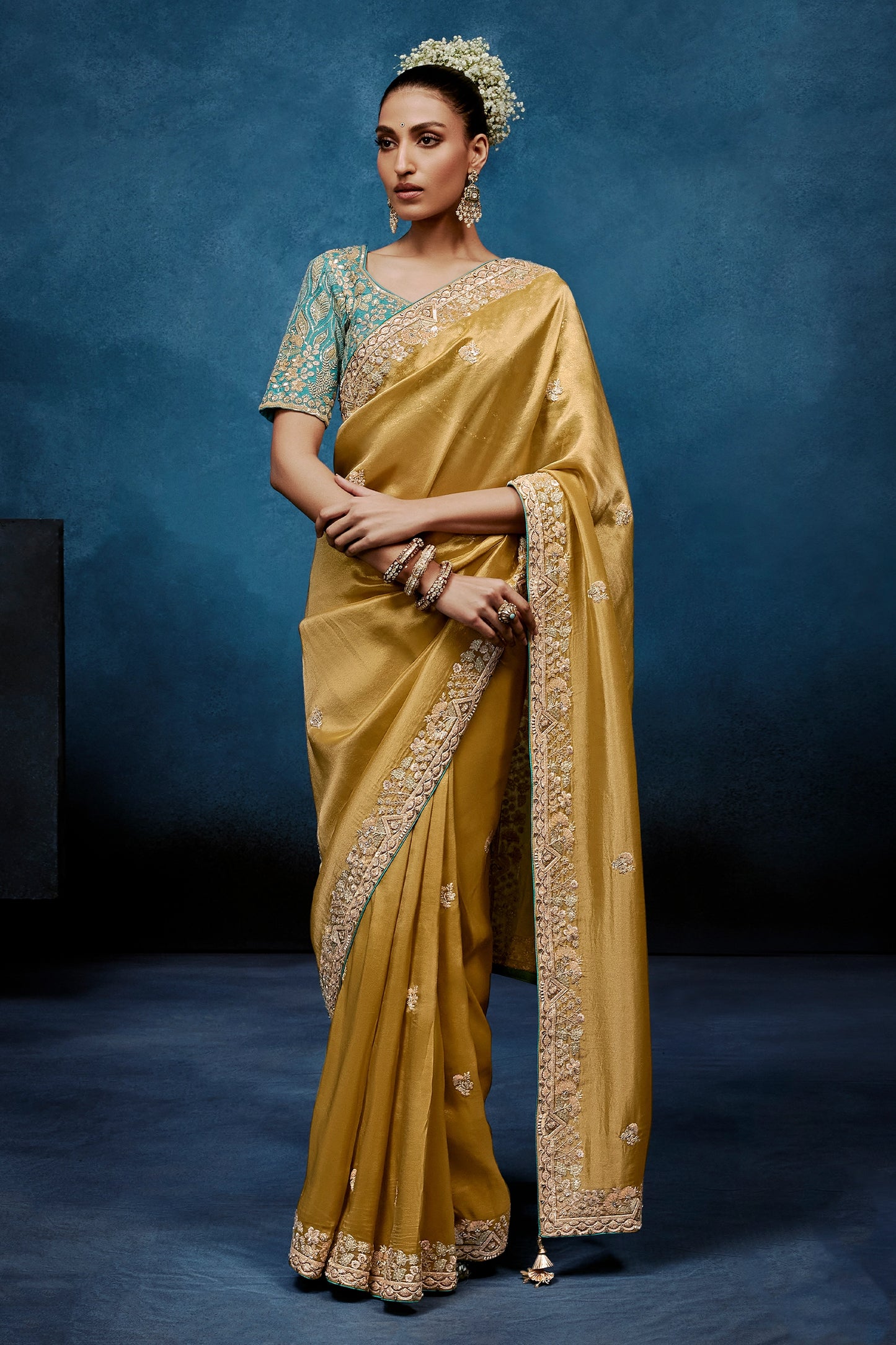Mustard Yellow Embroidered Organza Silk Saree-SAR12596_1_SareeButa.com
