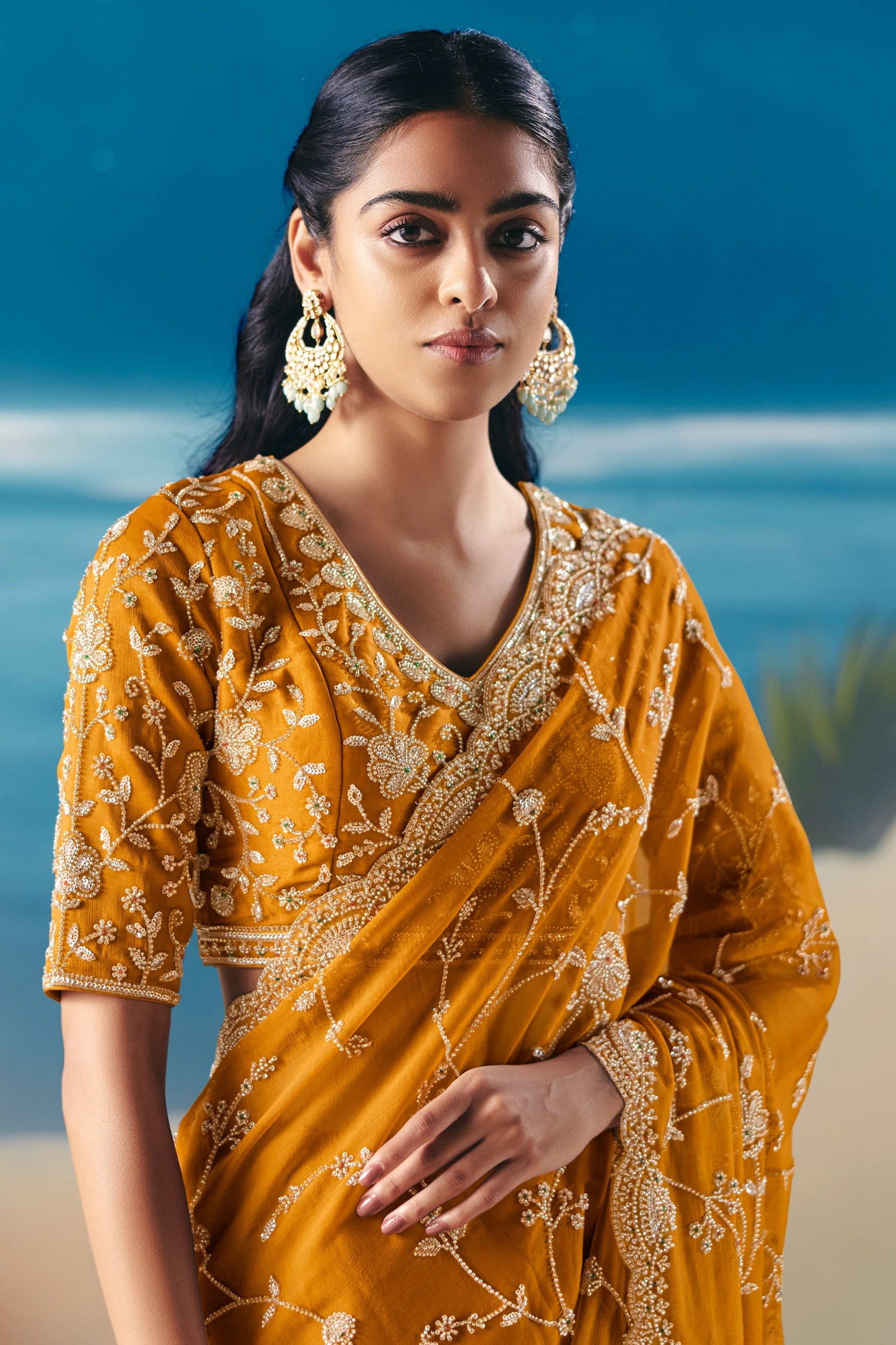 Mustard Yellow Embroidered Satin Organza Saree-SAR11046_2_SareeButa.com
