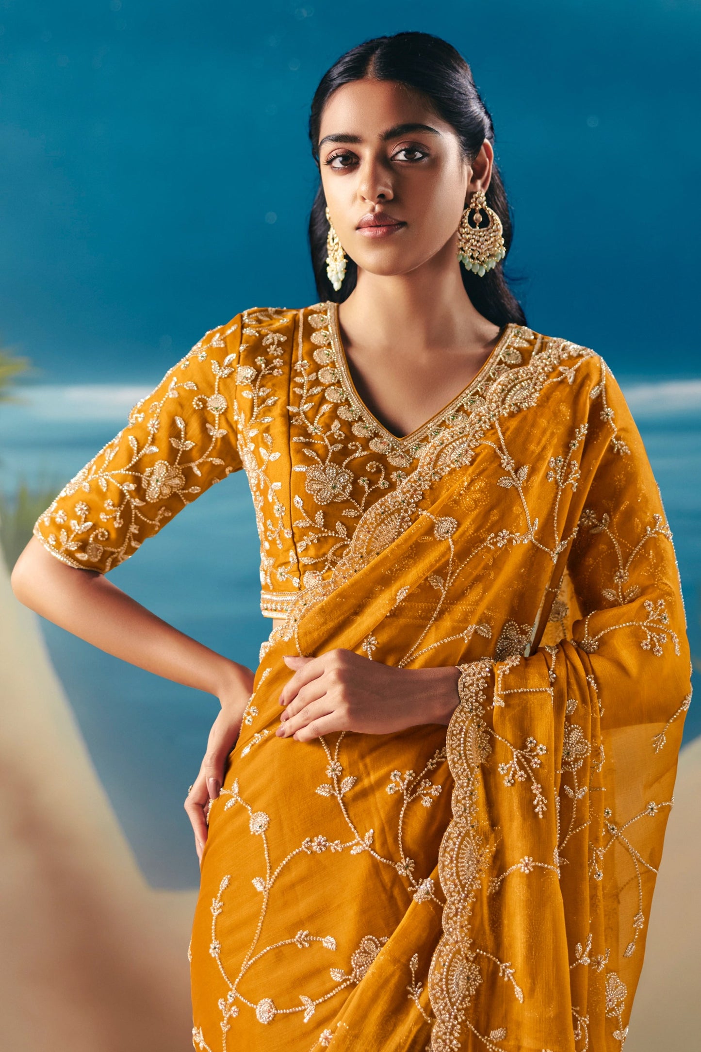 Mustard Yellow Embroidered Satin Organza Saree-SAR11046_3_SareeButa.com