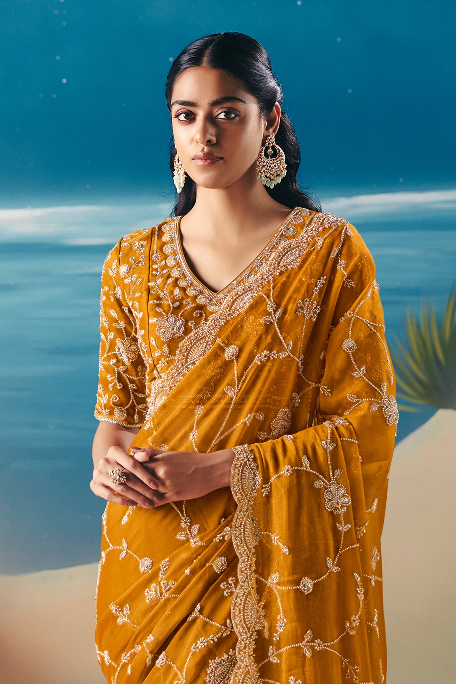 Mustard Yellow Embroidered Satin Organza Saree-SAR11046_4_SareeButa.com