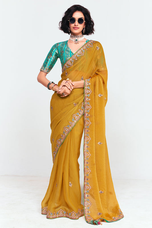 Mustard Yellow Embroidered Satin Organza Saree-SAR12252_1_SareeButa.com