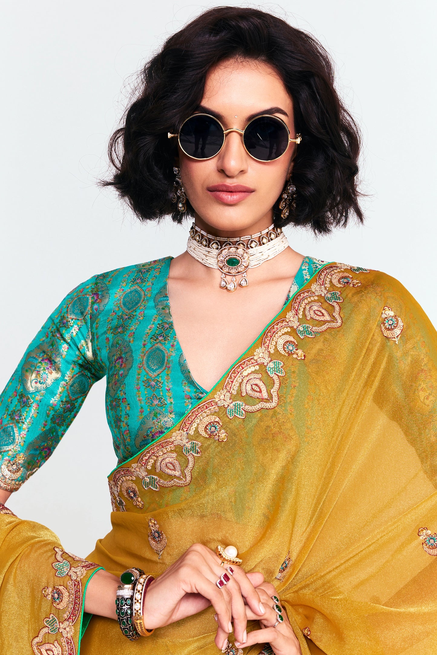 Mustard Yellow Embroidered Satin Organza Saree-SAR12252_2_SareeButa.com