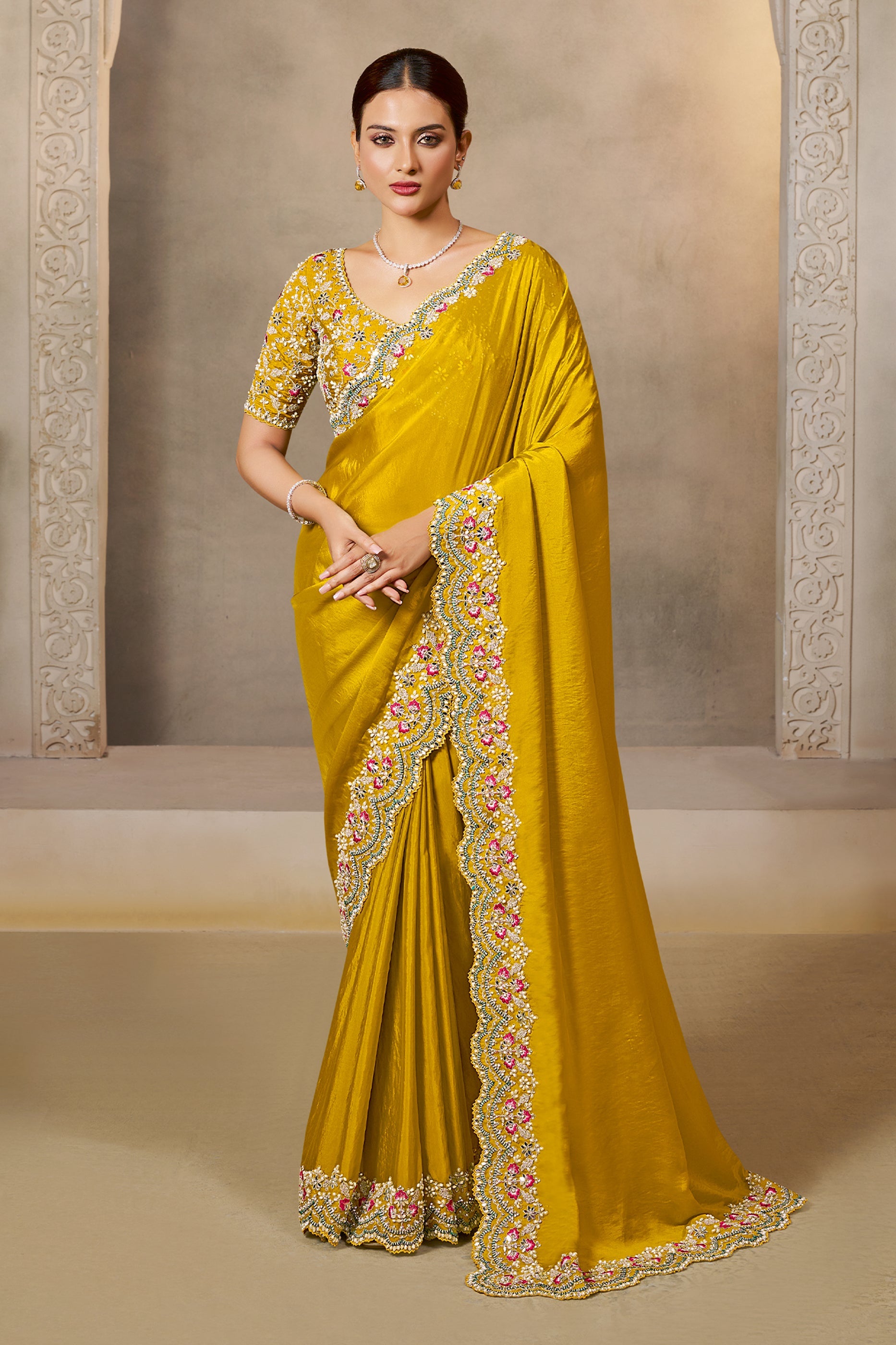 Mustard Yellow Embroidered Satin Silk Saree-SAR10869_1_SareeButa.com