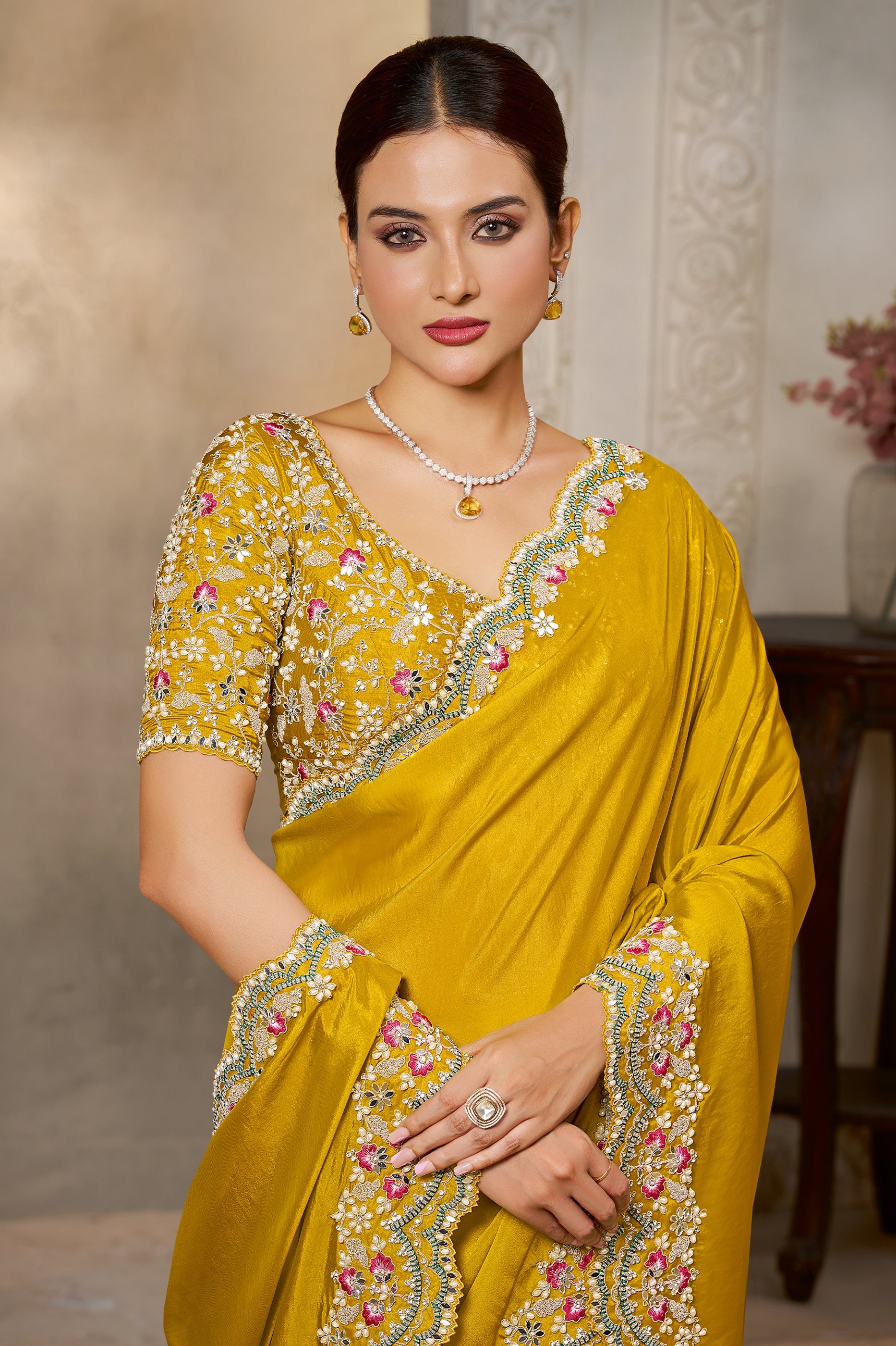 Mustard Yellow Embroidered Satin Silk Saree-SAR10869_3_SareeButa.com