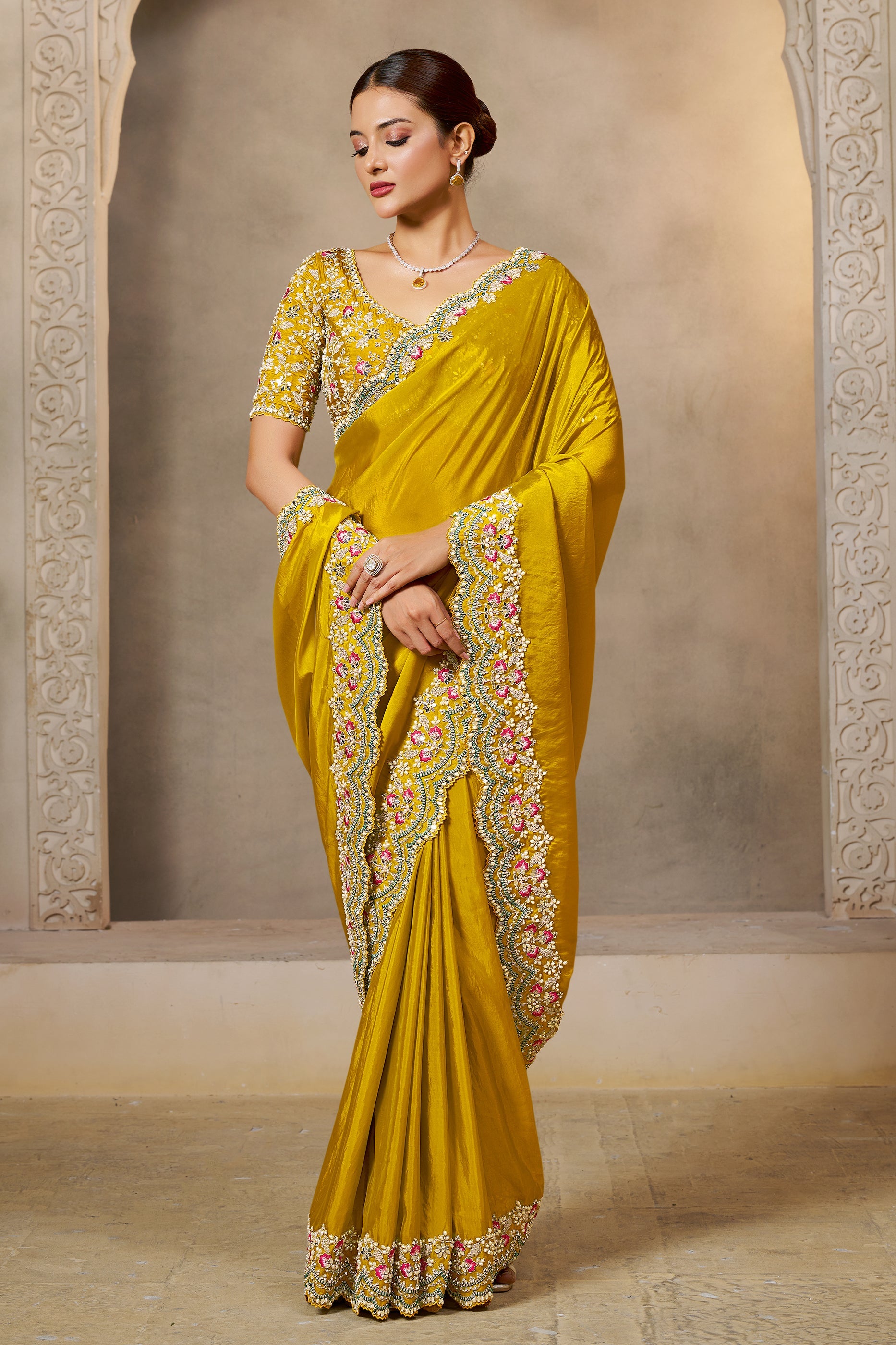 Mustard Yellow Embroidered Satin Silk Saree-SAR10869_4_SareeButa.com