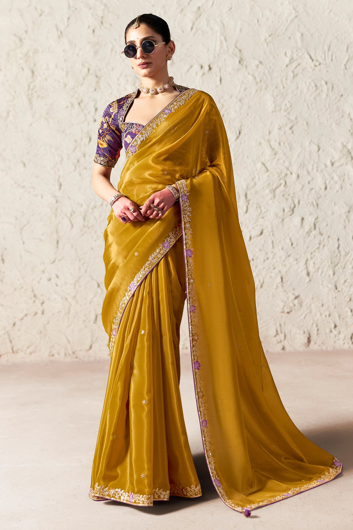 Mustard Yellow Embroidered Tissue Organza Saree-SAR12780_1_SareeButa.com