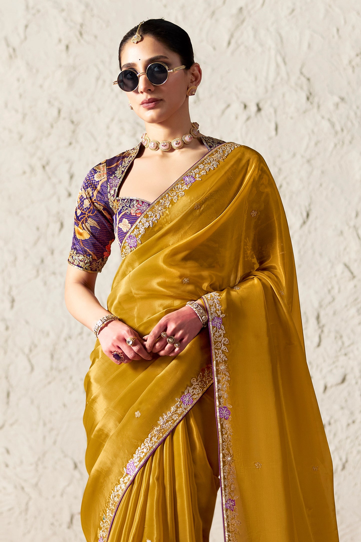Mustard Yellow Embroidered Tissue Organza Saree-SAR12780_3_SareeButa.com