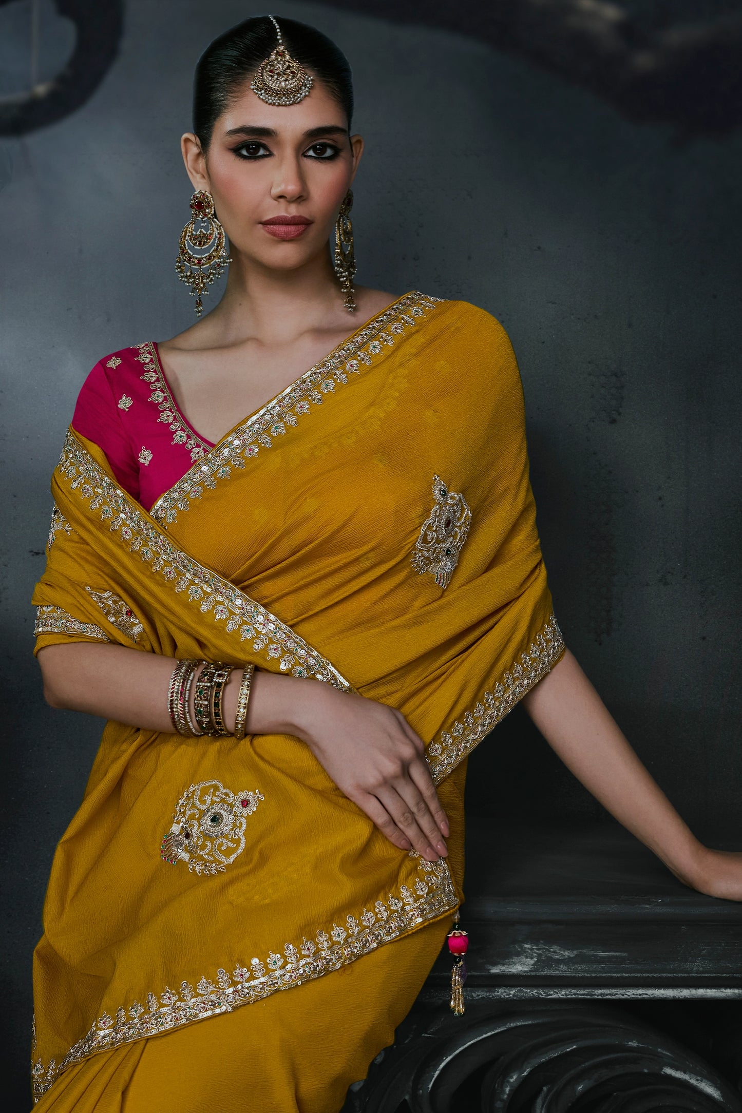 Mustard Yellow Embroidered Tissue Organza Saree-SAR13108_2_SareeButa.com