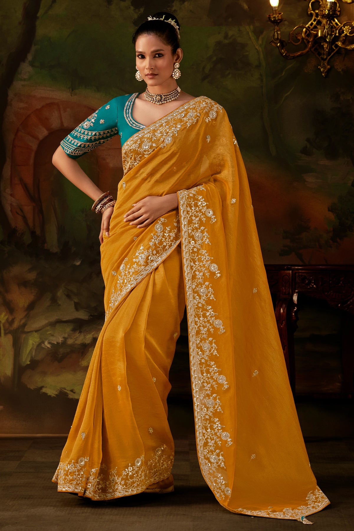 Mustard Yellow Embroidered Viscose Tissue Saree-SAR13246_1_SareeButa.com