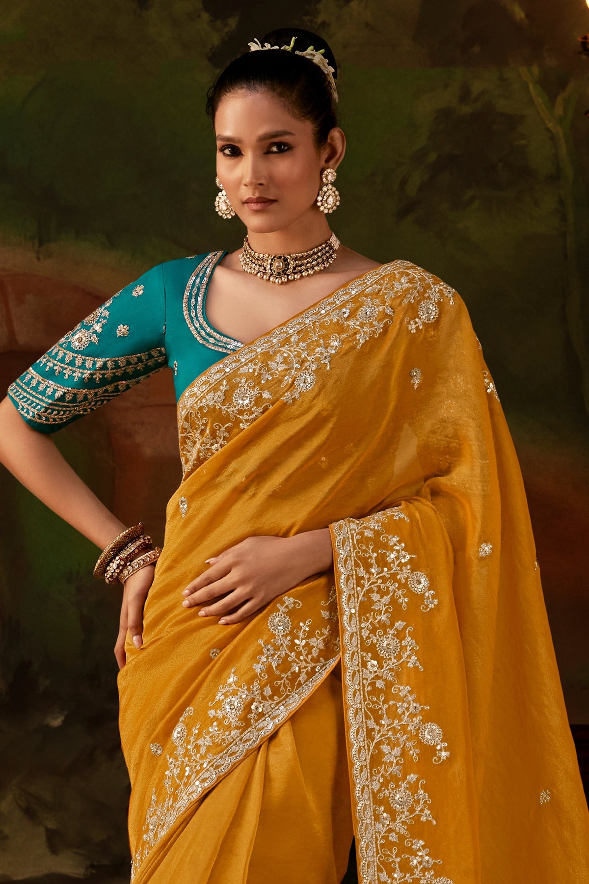 Mustard Yellow Embroidered Viscose Tissue Saree-SAR13246_3_SareeButa.com