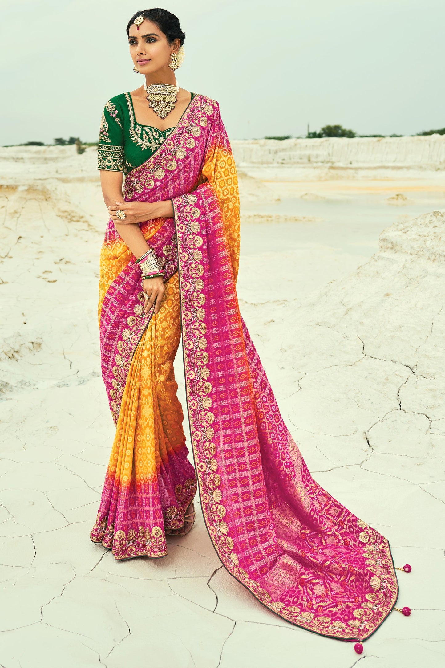 Mustard Yellow Georgette Bandhani Saree-SAR10292_1_SareeButa.com