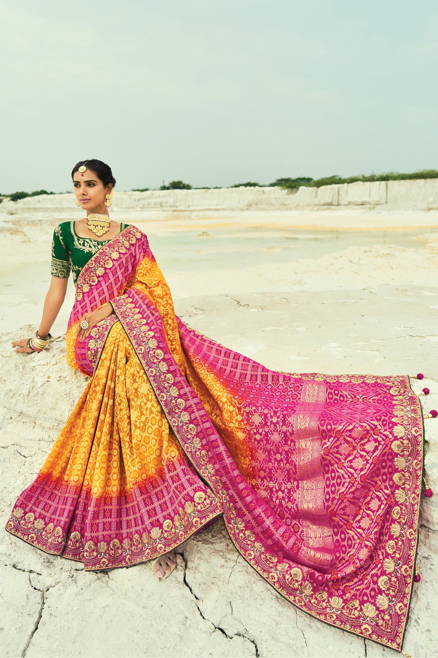 Mustard Yellow Georgette Bandhani Saree-SAR10292_3_SareeButa.com