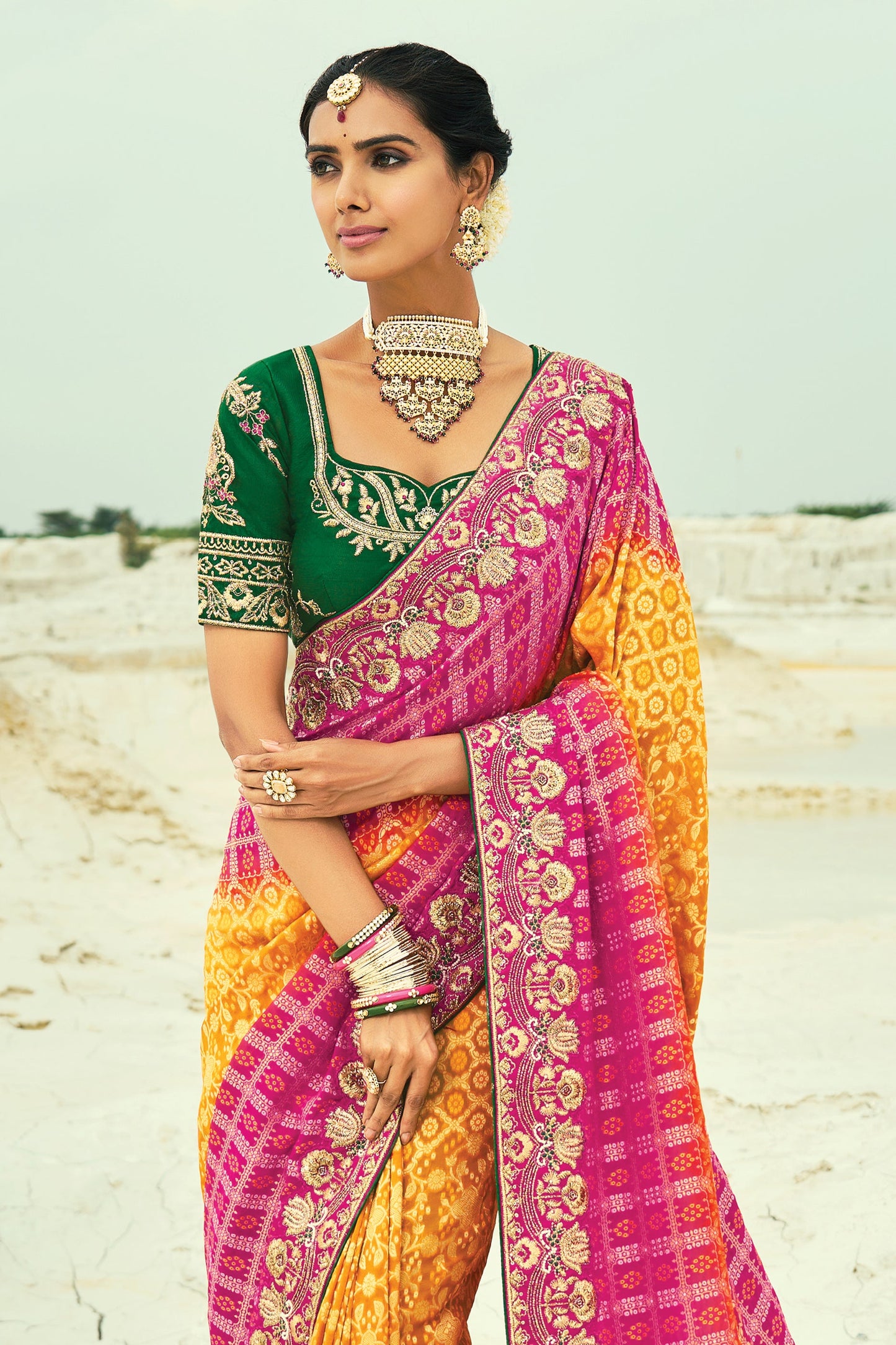 Mustard Yellow Georgette Bandhani Saree-SAR10292_4_SareeButa.com