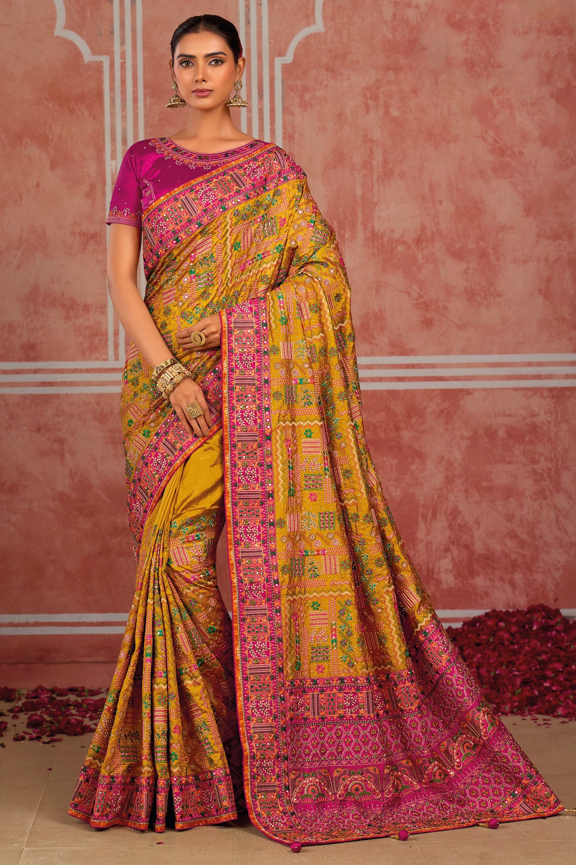 Mustard Yellow Kutchi Work Silk Saree-SAR13052_1_SareeButa.com