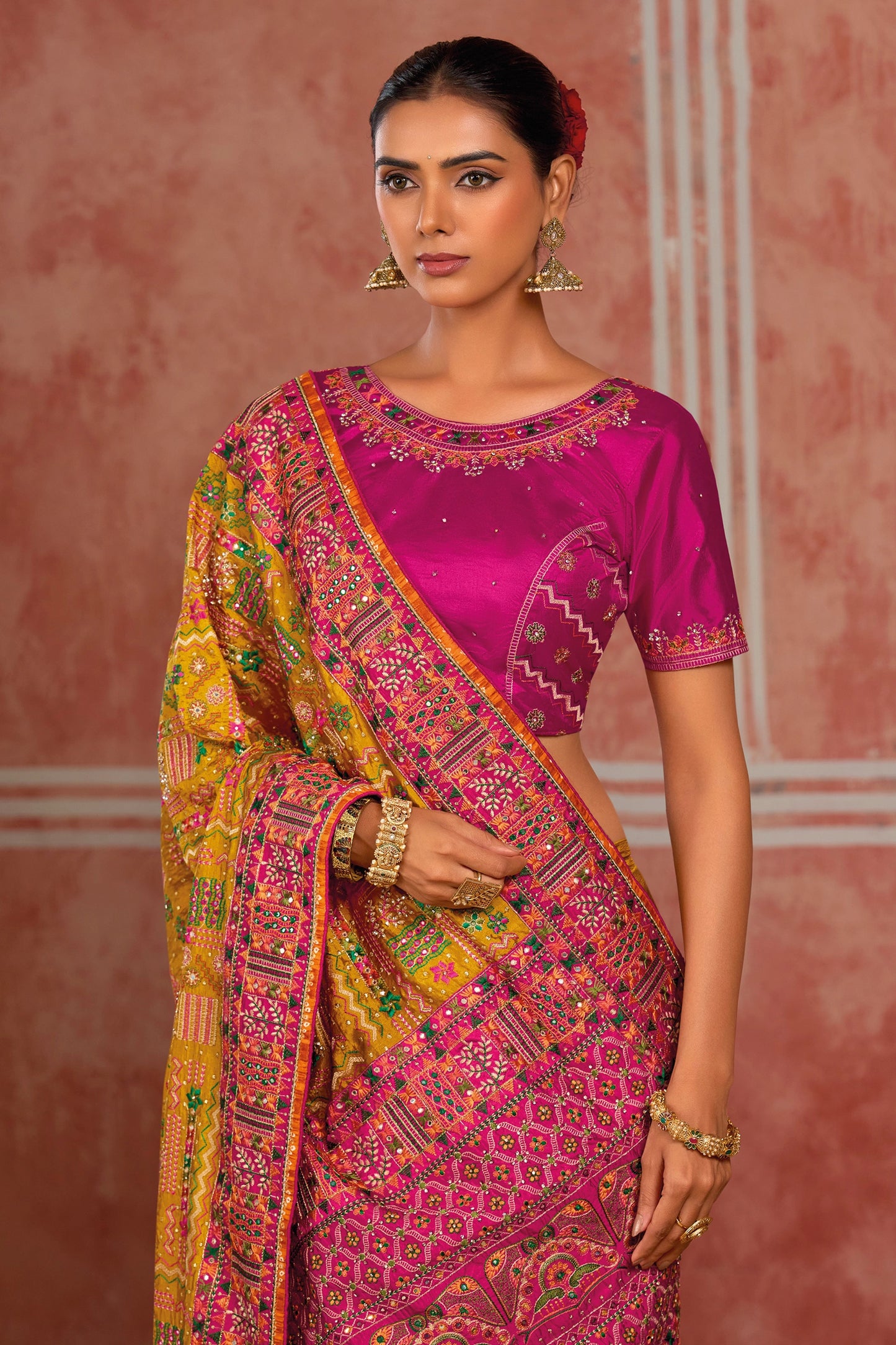 Mustard Yellow Kutchi Work Silk Saree-SAR13052_2_SareeButa.com