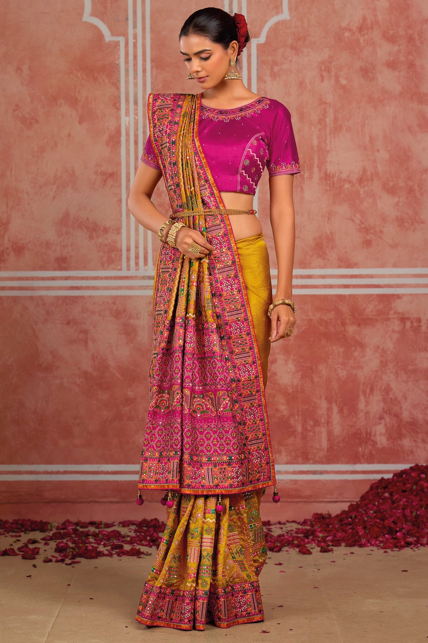 Mustard Yellow Kutchi Work Silk Saree-SAR13052_3_SareeButa.com