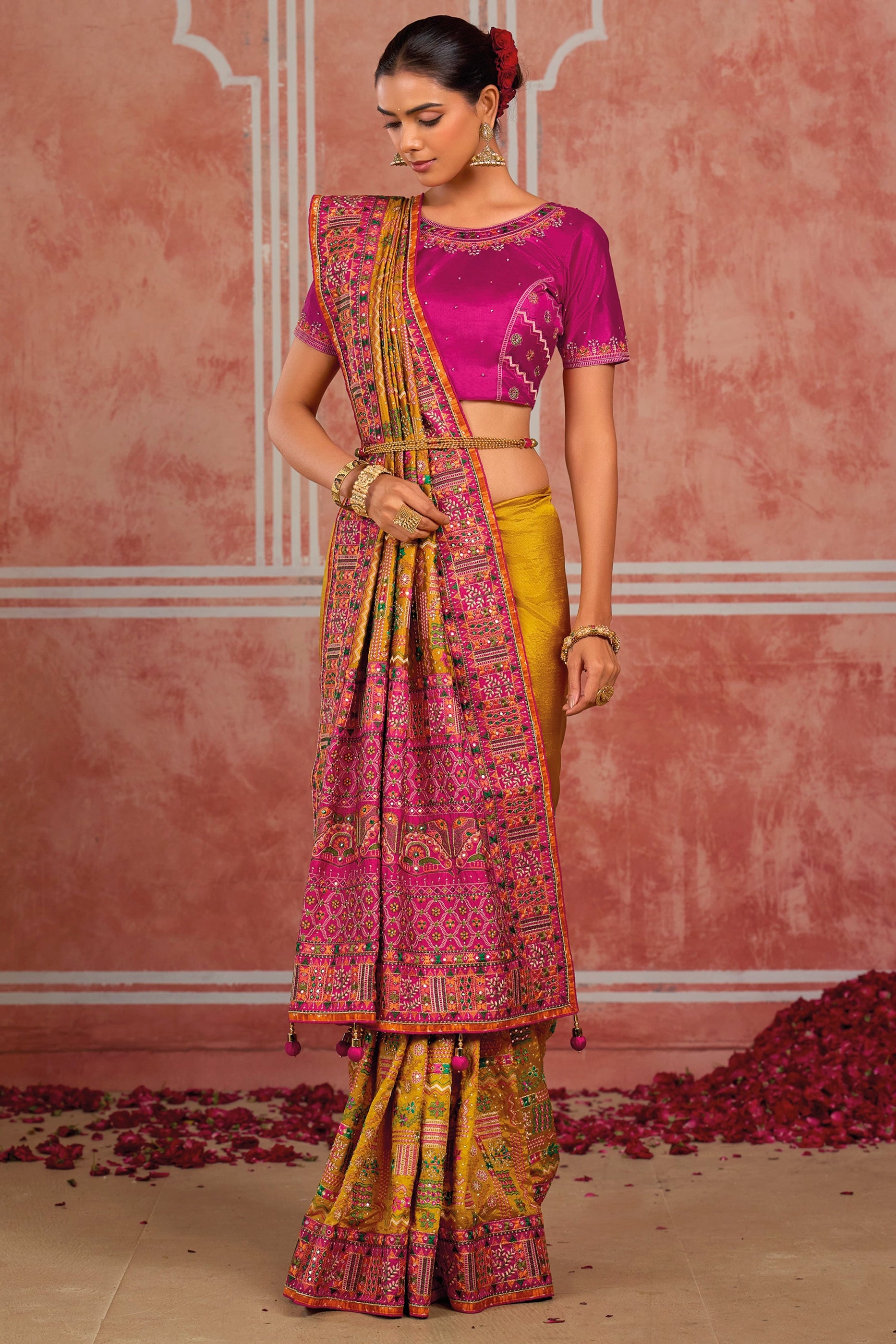 Mustard Yellow Kutchi Work Silk Saree-SAR13052_3_SareeButa.com