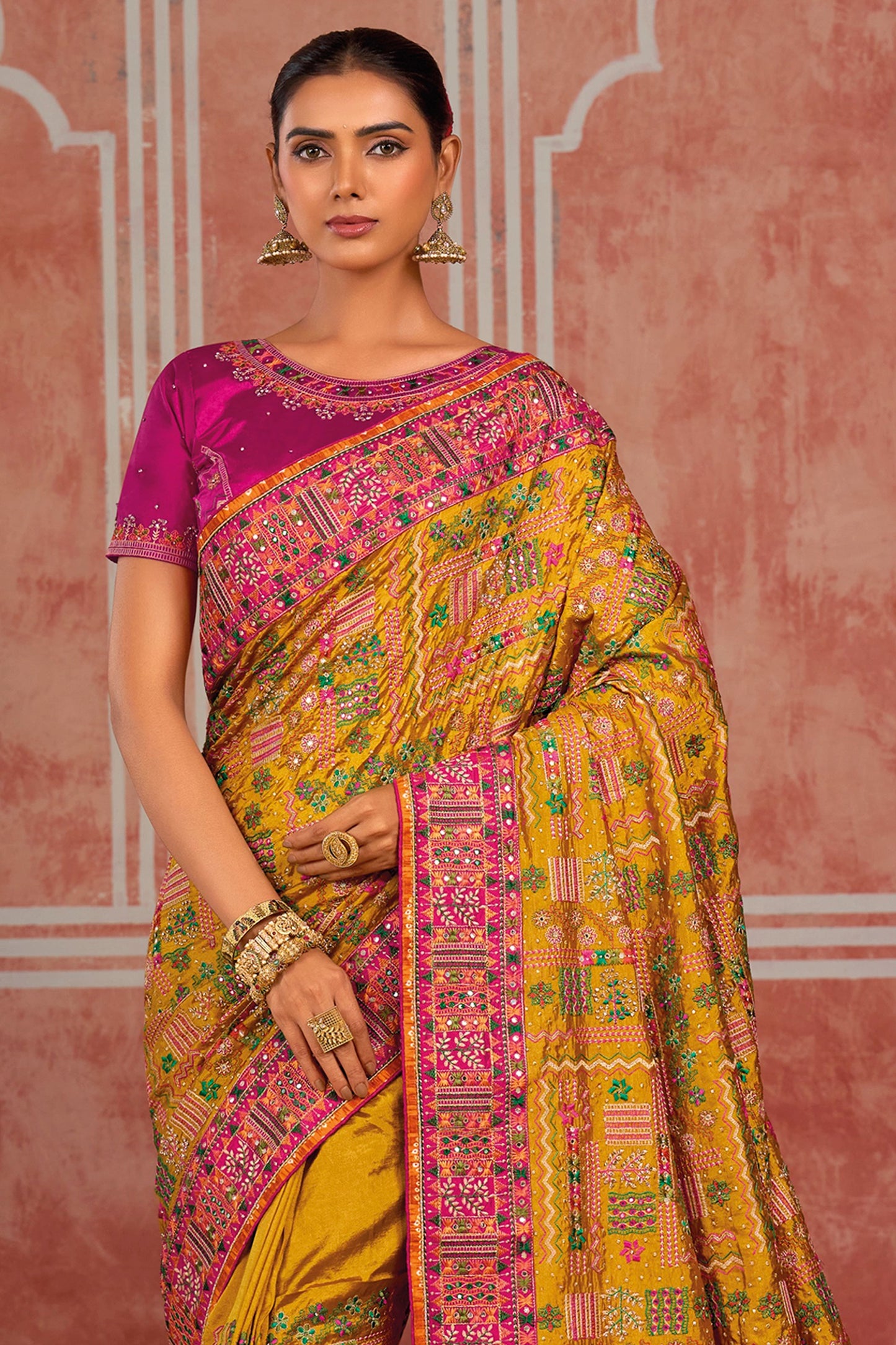 Mustard Yellow Kutchi Work Silk Saree-SAR13052_4_SareeButa.com