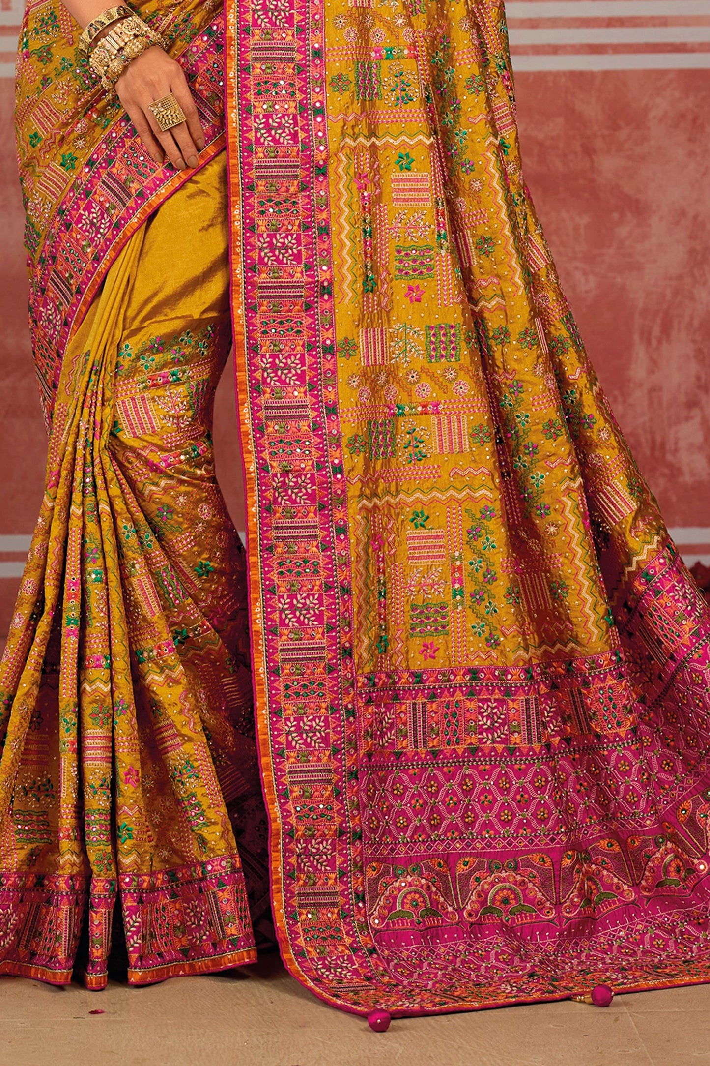 Mustard Yellow Kutchi Work Silk Saree-SAR13052_5_SareeButa.com