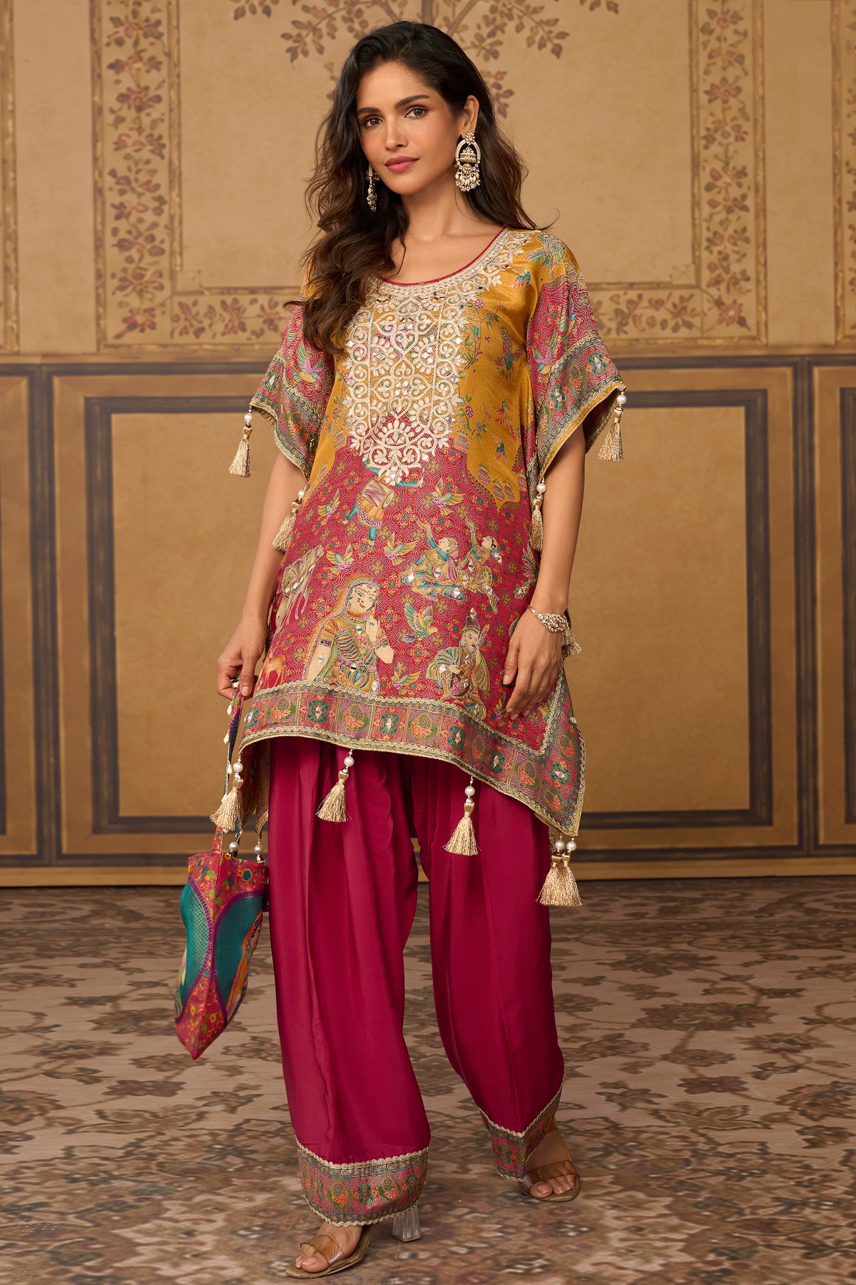 Mustard Yellow & Pink Mirror Work Viscose Silk Kaftan-SAR13571_1_SareeButa.com
