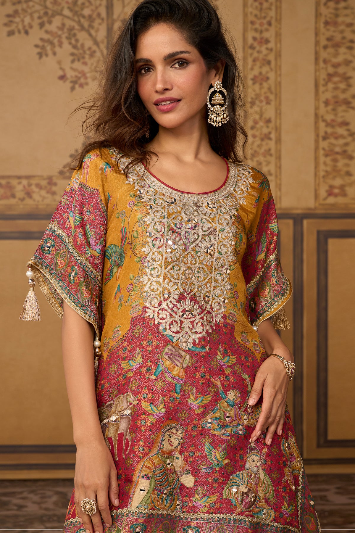 Mustard Yellow & Pink Mirror Work Viscose Silk Kaftan-SAR13571_2_SareeButa.com
