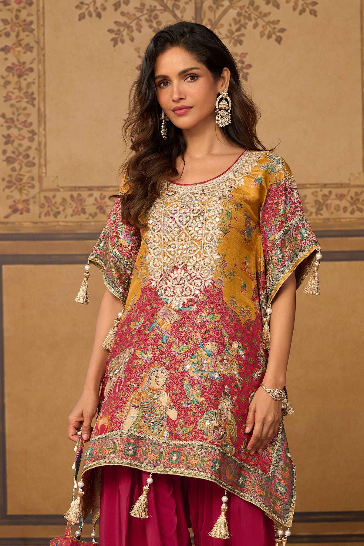 Mustard Yellow & Pink Mirror Work Viscose Silk Kaftan-SAR13571_3_SareeButa.com