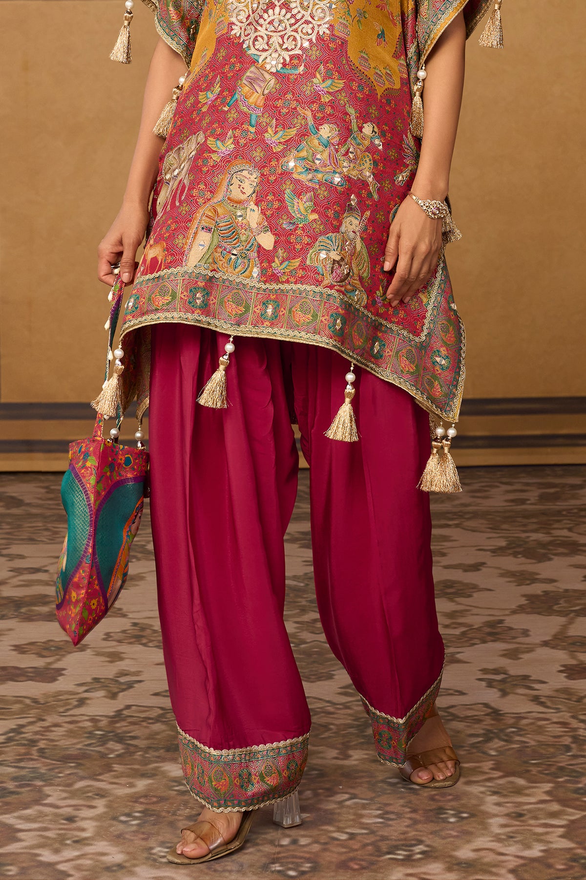 Mustard Yellow & Pink Mirror Work Viscose Silk Kaftan-SAR13571_4_SareeButa.com