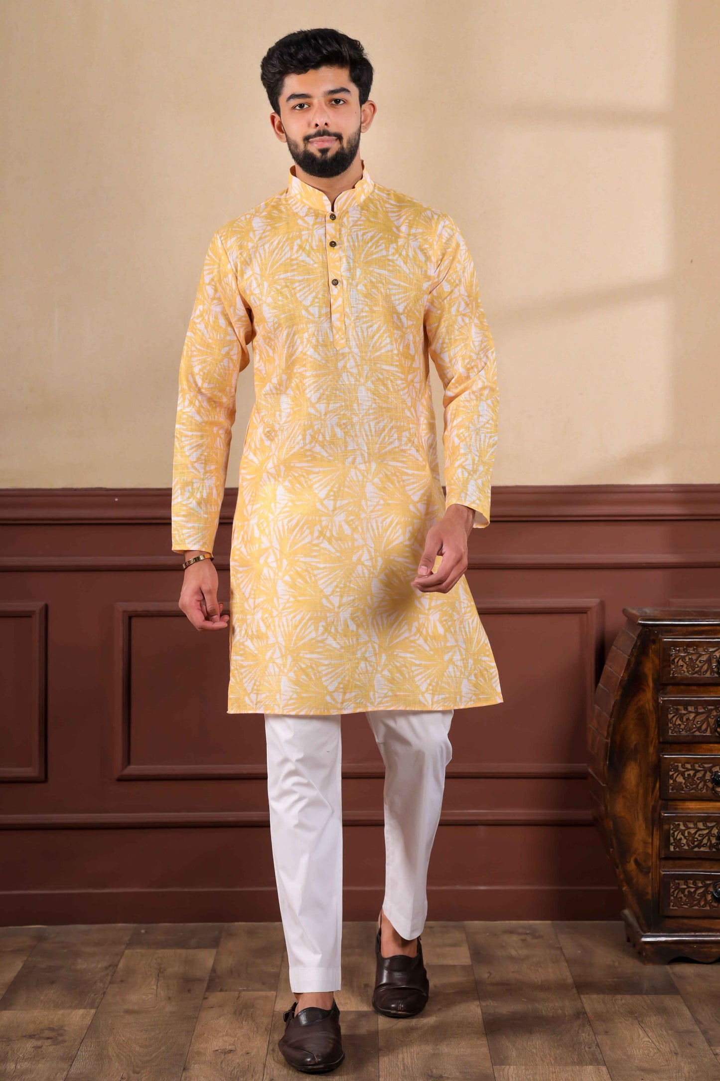 Mustard Yellow Printed Linen Kurta Pajama-MW77_1_SareeButa.com