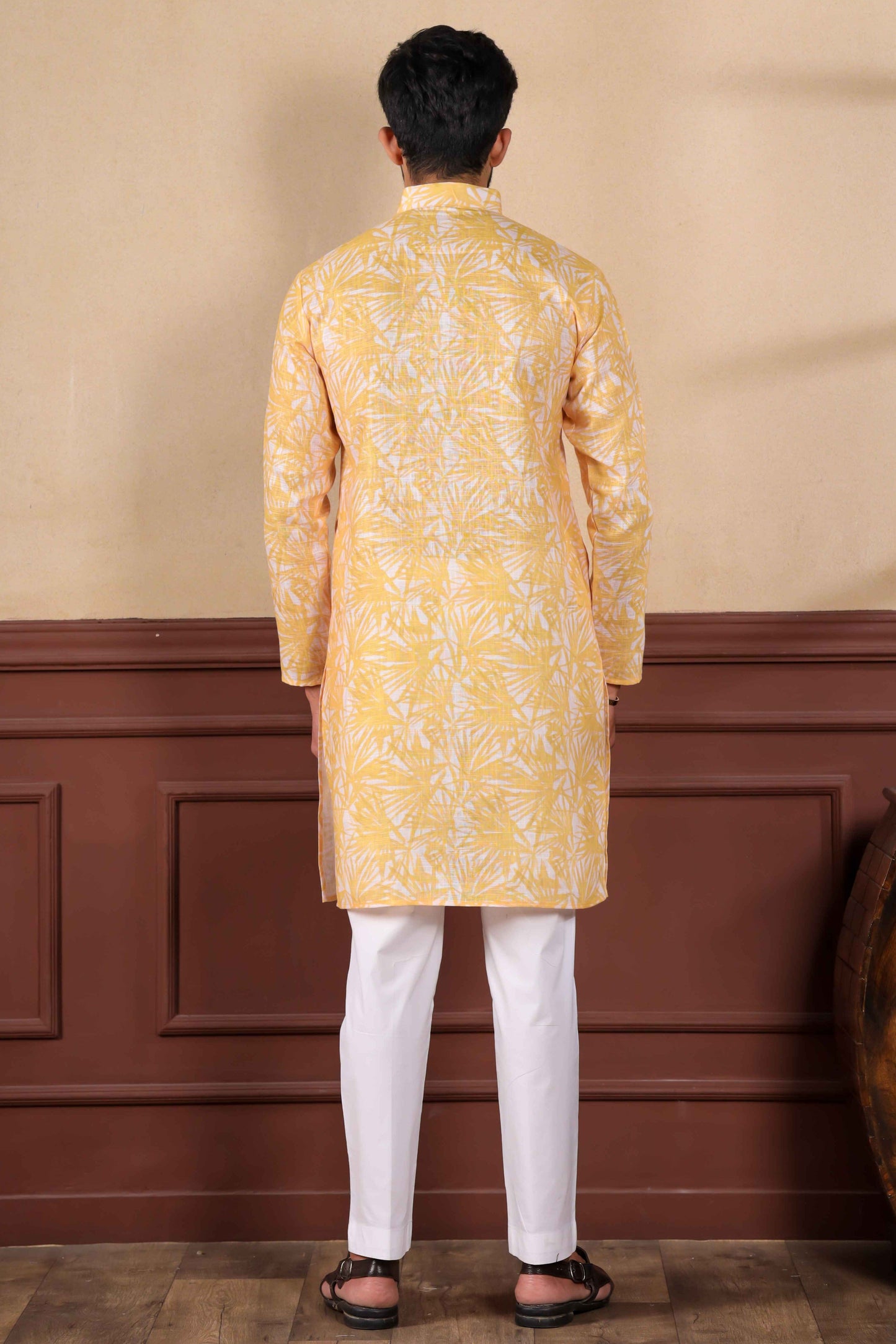 Mustard Yellow Printed Linen Kurta Pajama-MW77_3_SareeButa.com