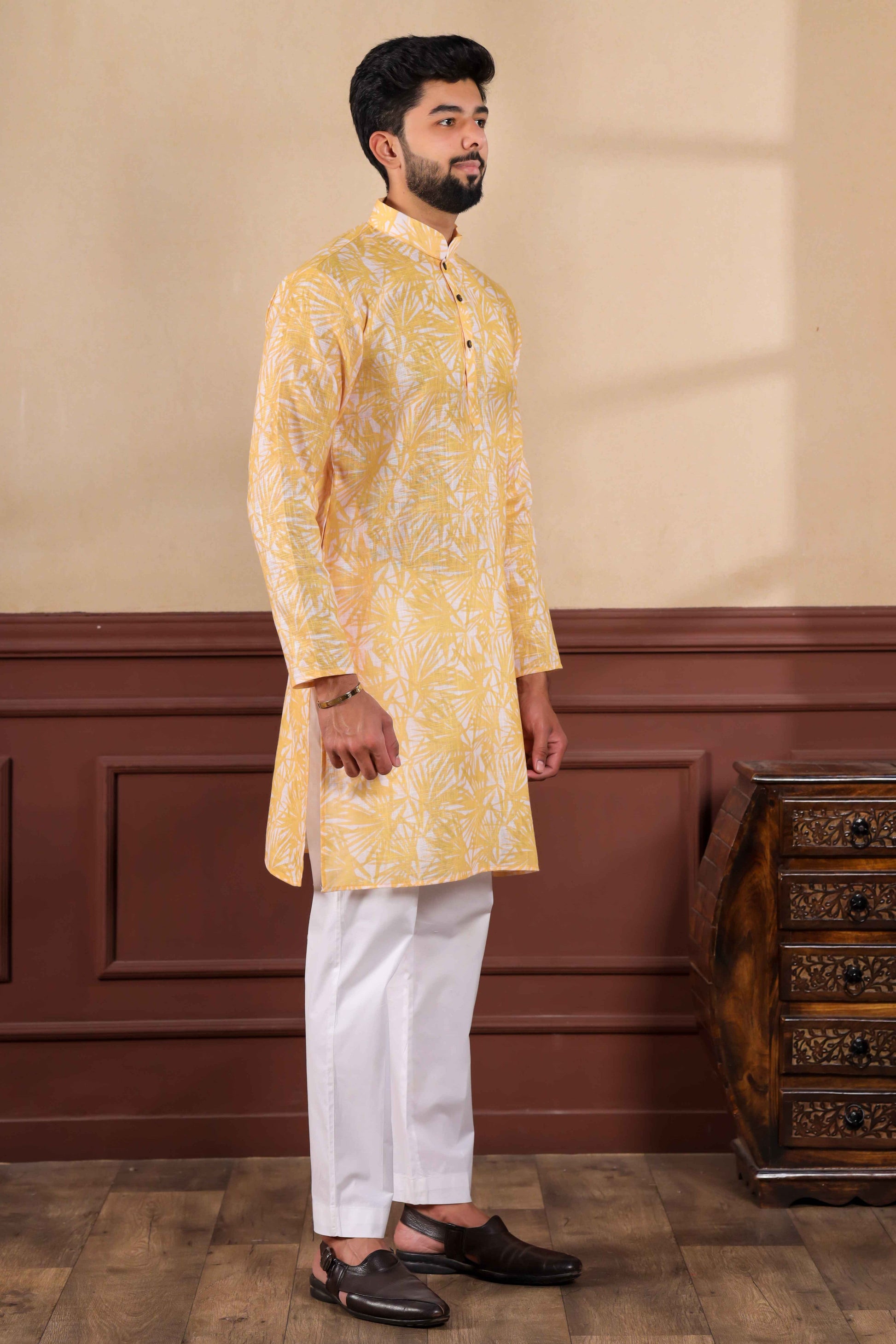 Mustard Yellow Printed Linen Kurta Pajama-MW77_4_SareeButa.com