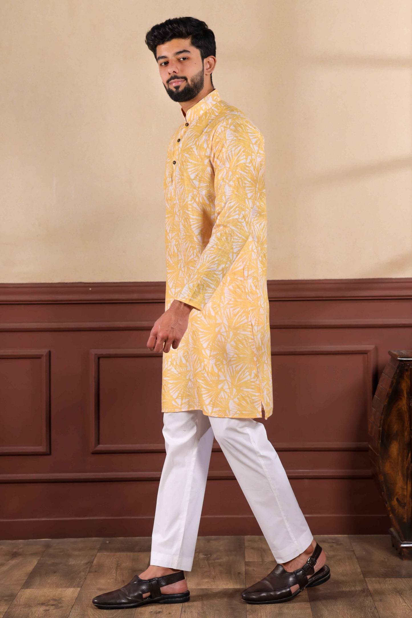 Mustard Yellow Printed Linen Kurta Pajama-MW77_5_SareeButa.com