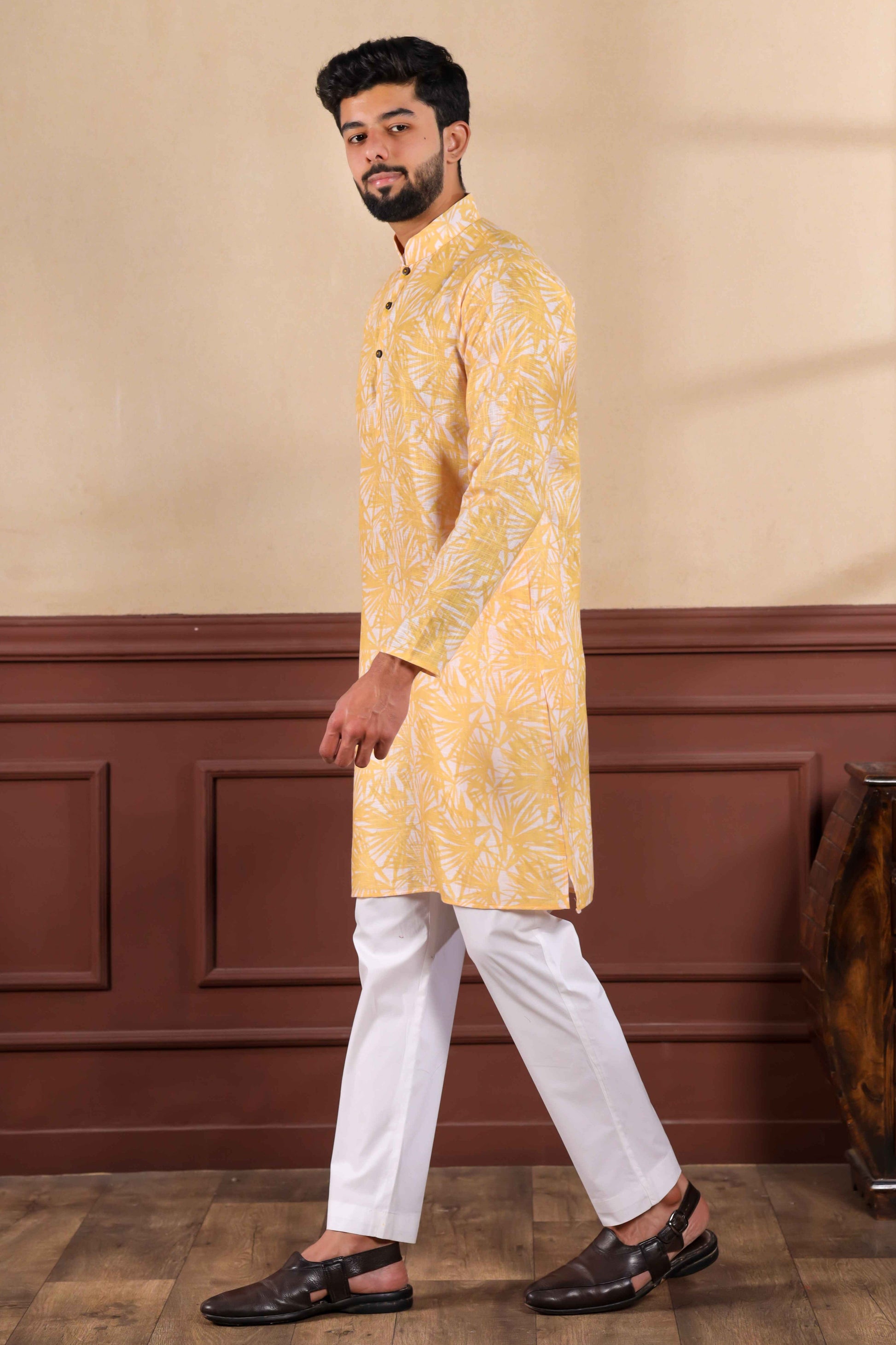 Mustard Yellow Printed Linen Kurta Pajama-MW77_5_SareeButa.com