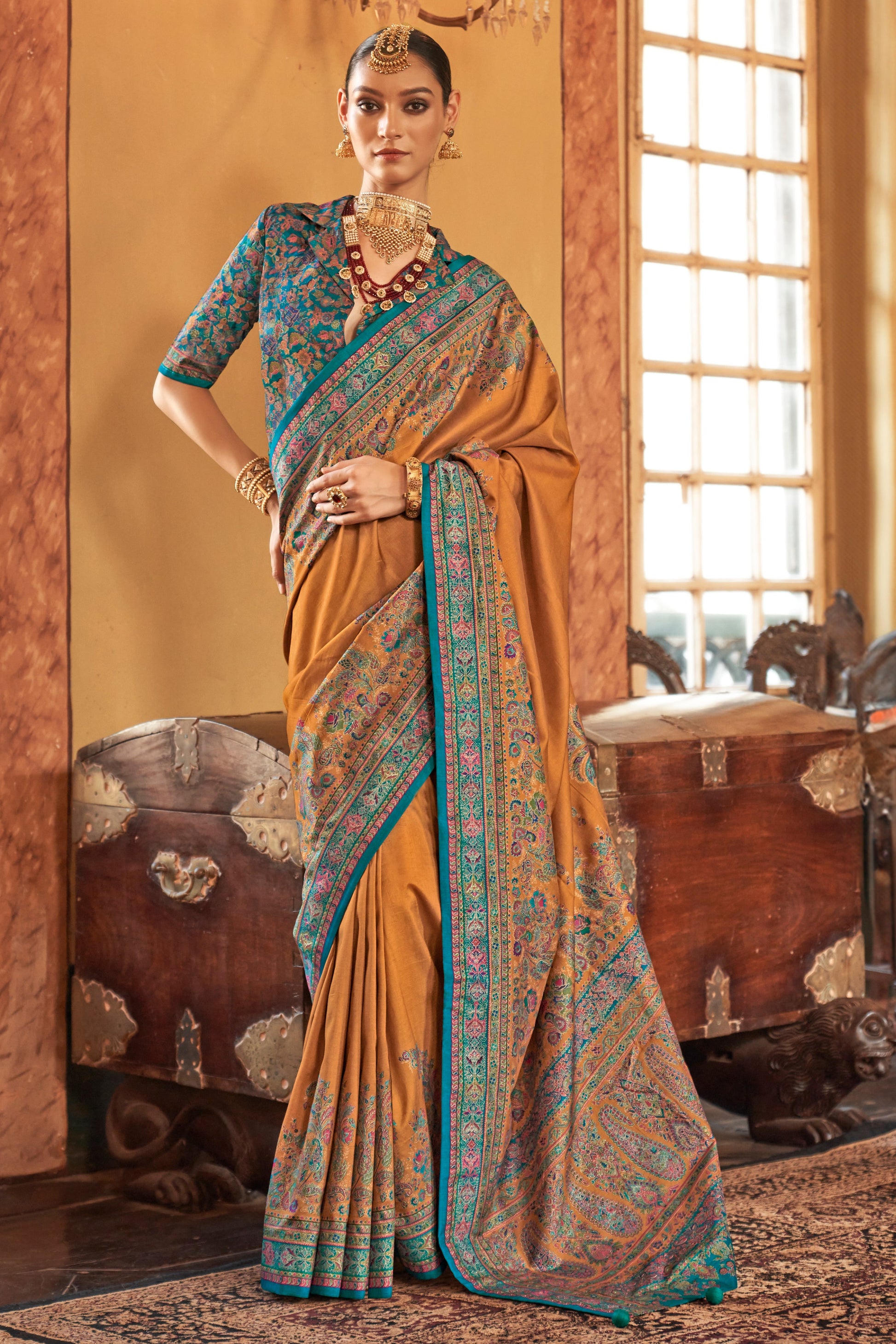 Yellow Printed Viscose Silk Saree-ZB134524_1_SareeButa.com