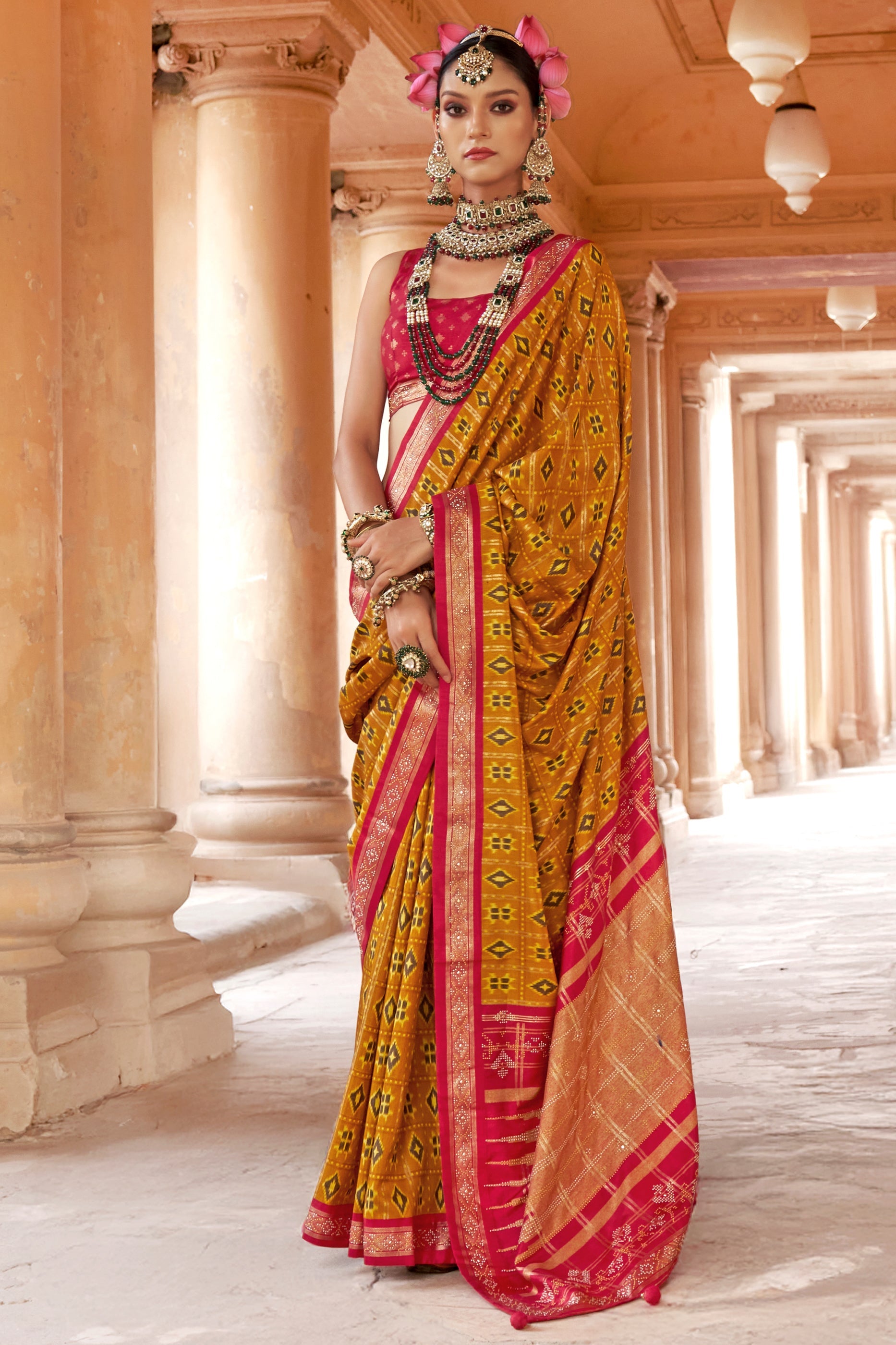 Mustard Yellow Printed Viscose Silk Patola Saree-SAR10161_1_SareeButa.com