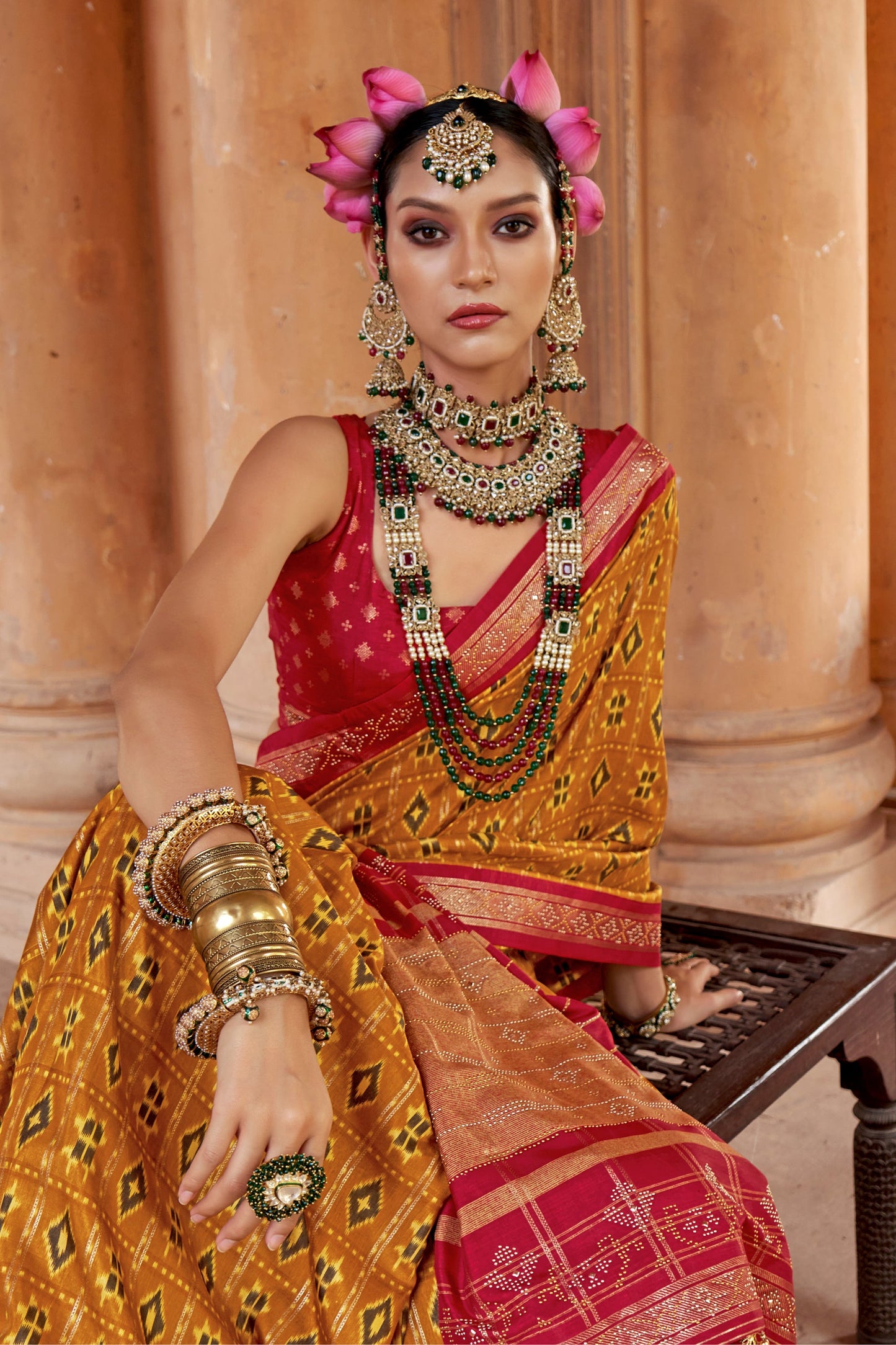 Mustard Yellow Printed Viscose Silk Patola Saree-SAR10161_2_SareeButa.com